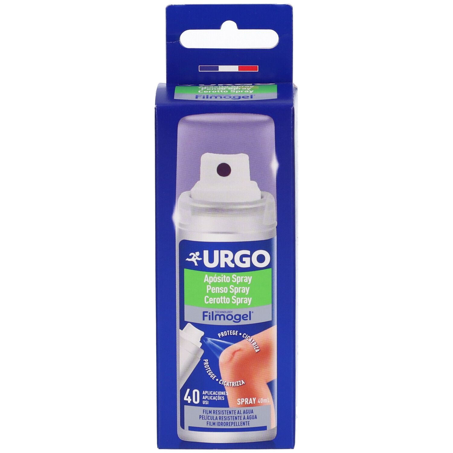 Confezione del prodotto con flacone spray. Scritta: URGO, Filmogel. Illustrazione di una ferita al ginocchio.