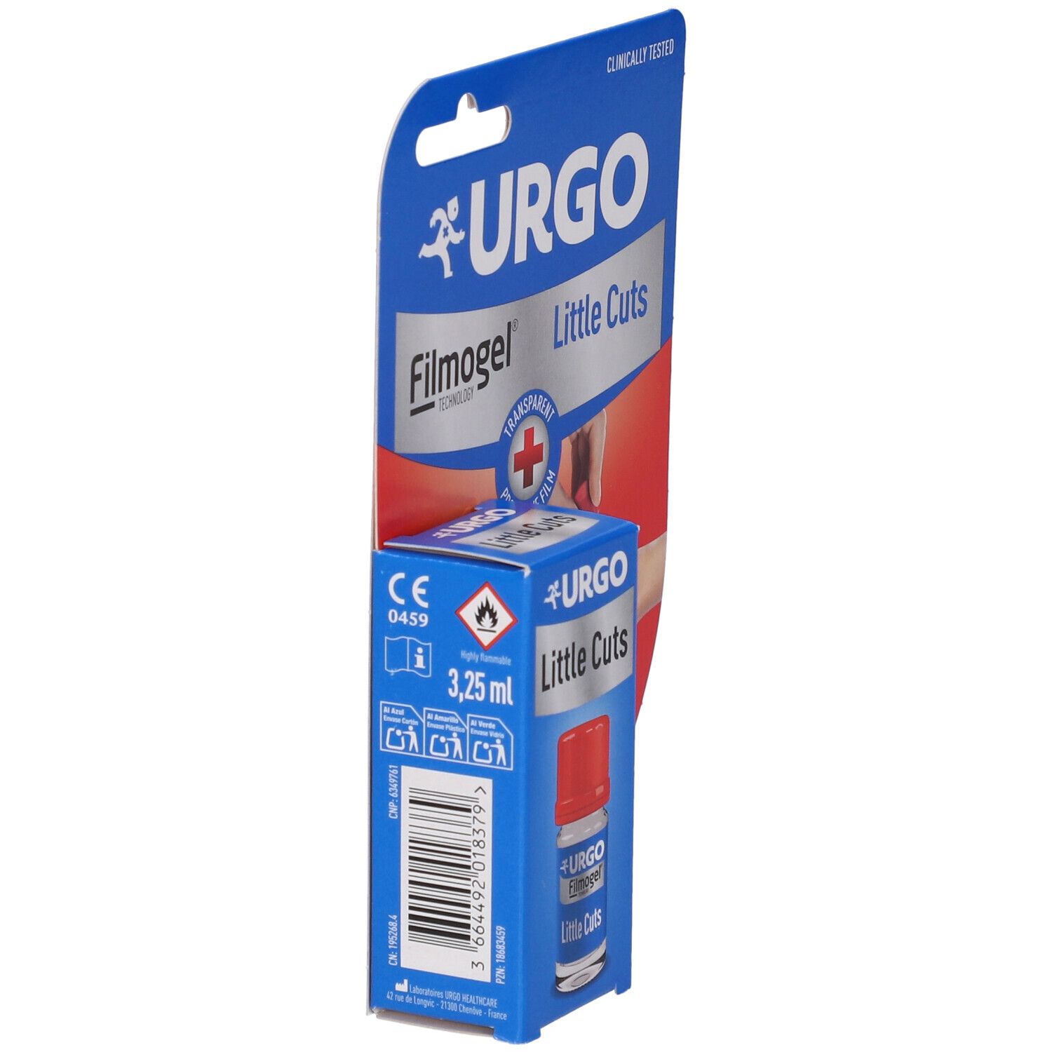 Confezione blu e bianca Urgo Filmogel Little Cuts. Flacone con tappo rosso. Scritta: Urgo Filmogel Little Cuts. Marchio CE.