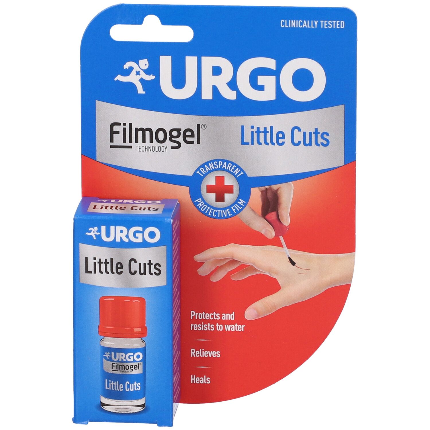 Confezione blu e bianca Urgo Filmogel Little Cuts. Flacone con tappo rosso. Scritta: Urgo Filmogel Little Cuts.