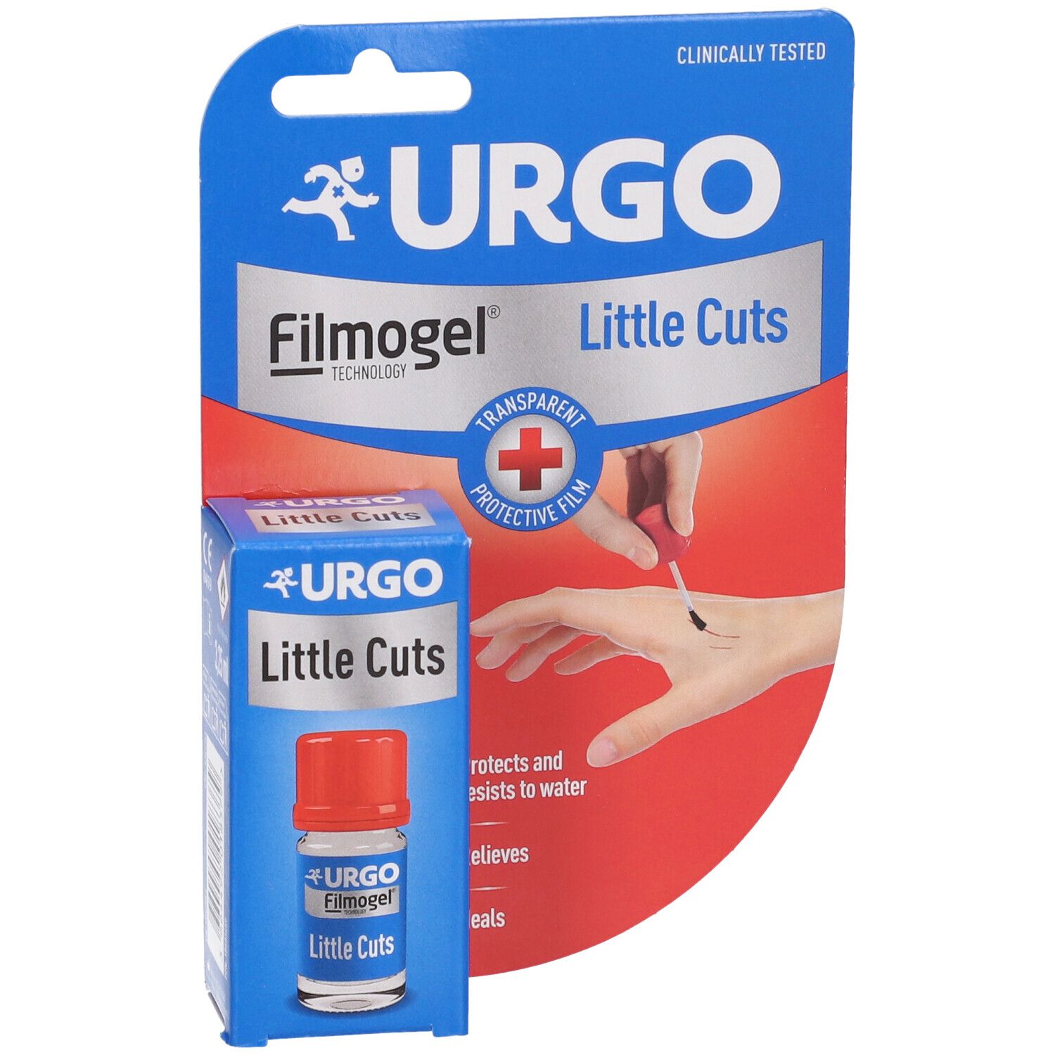 Confezione blu e bianca Urgo Filmogel Little Cuts. Flacone con tappo rosso. Scritta: Urgo Filmogel Little Cuts.