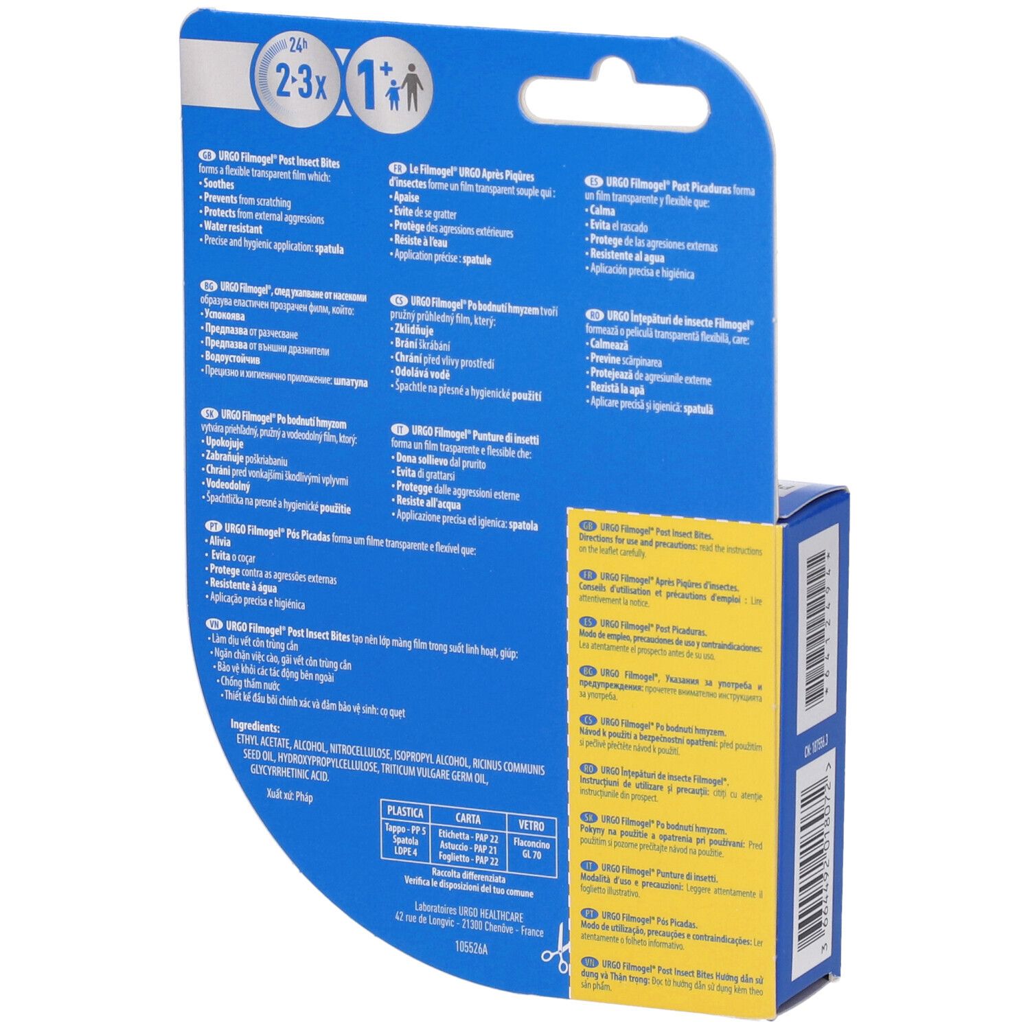 Retro della confezione blu. Testo in più lingue. Ingredienti e informazioni per l'uso.