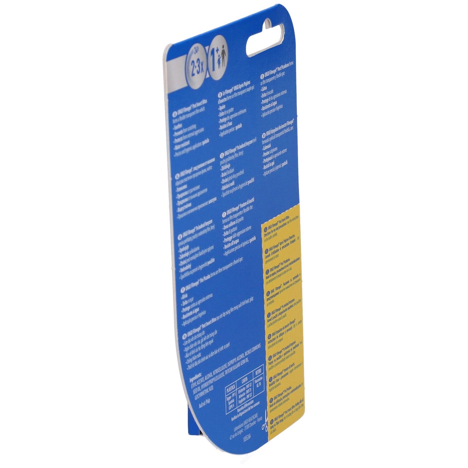 Confezione blu, vista laterale. Testo in più lingue. Informazioni per l'uso.