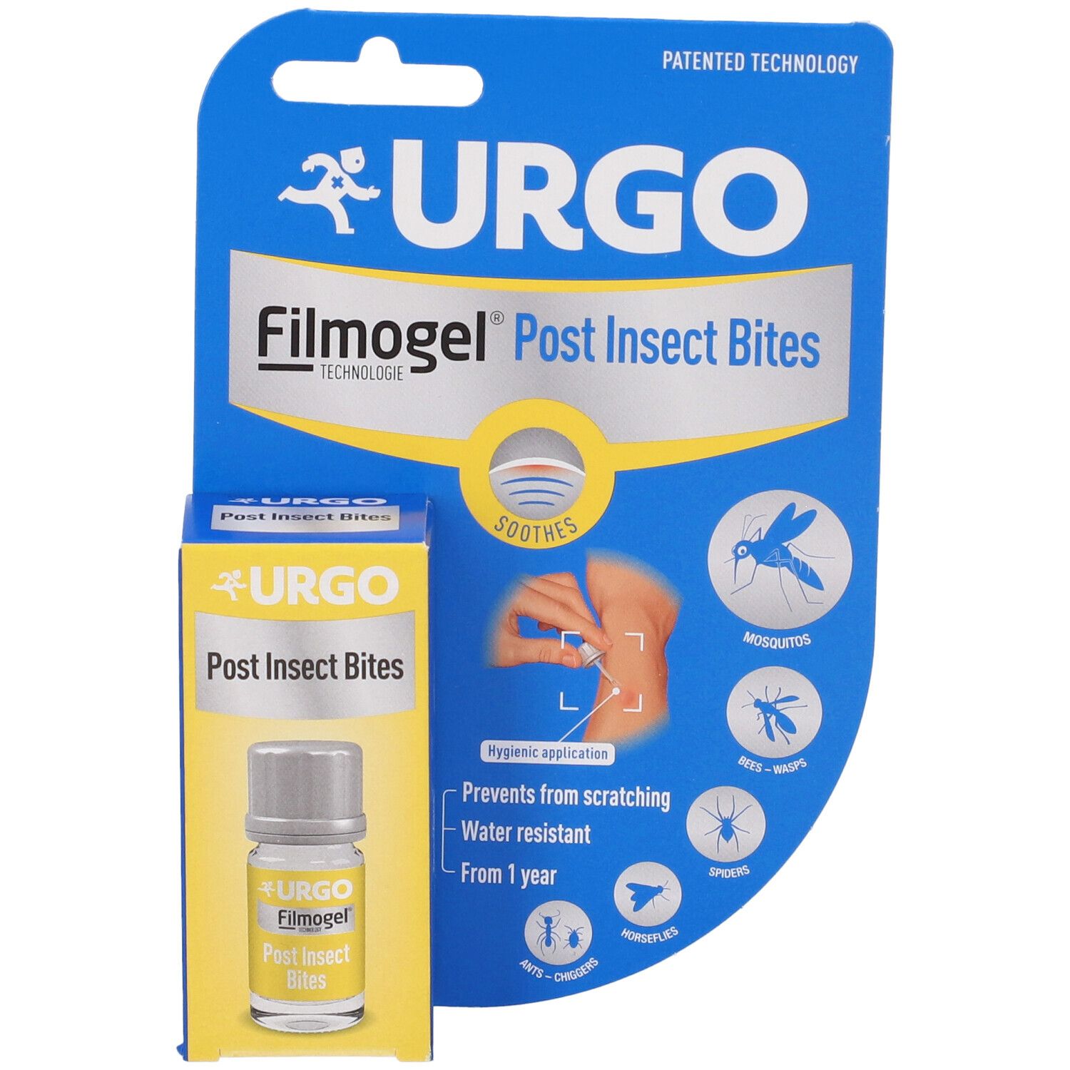 Confezione blu e gialla con flacone. Scritta URGO Filmogel Post Insect Bites. Illustrazione di puntura d'insetto e insetti.