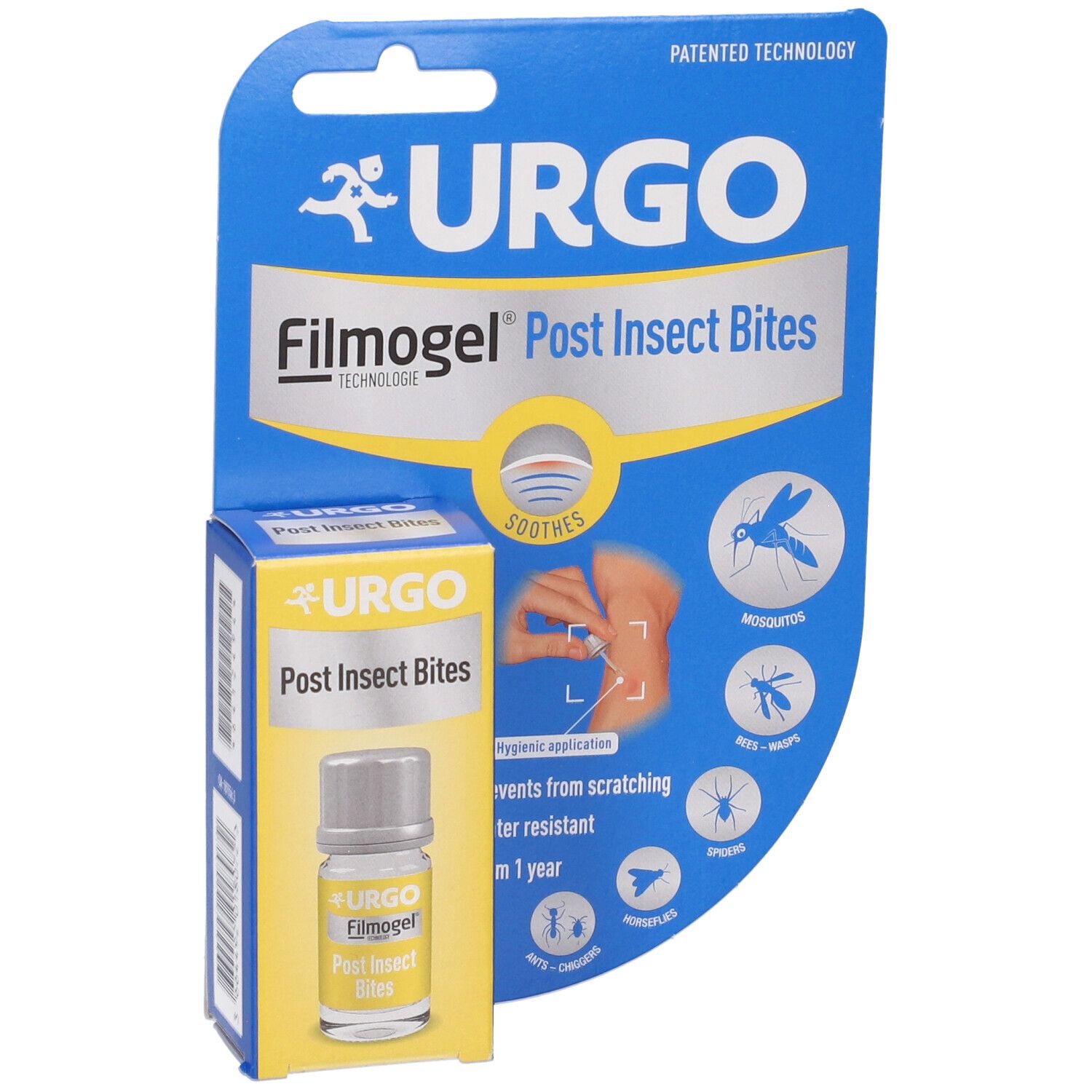Confezione blu e gialla con flacone. Scritta URGO Filmogel Post Insect Bites. Illustrazione di puntura d'insetto e insetti.