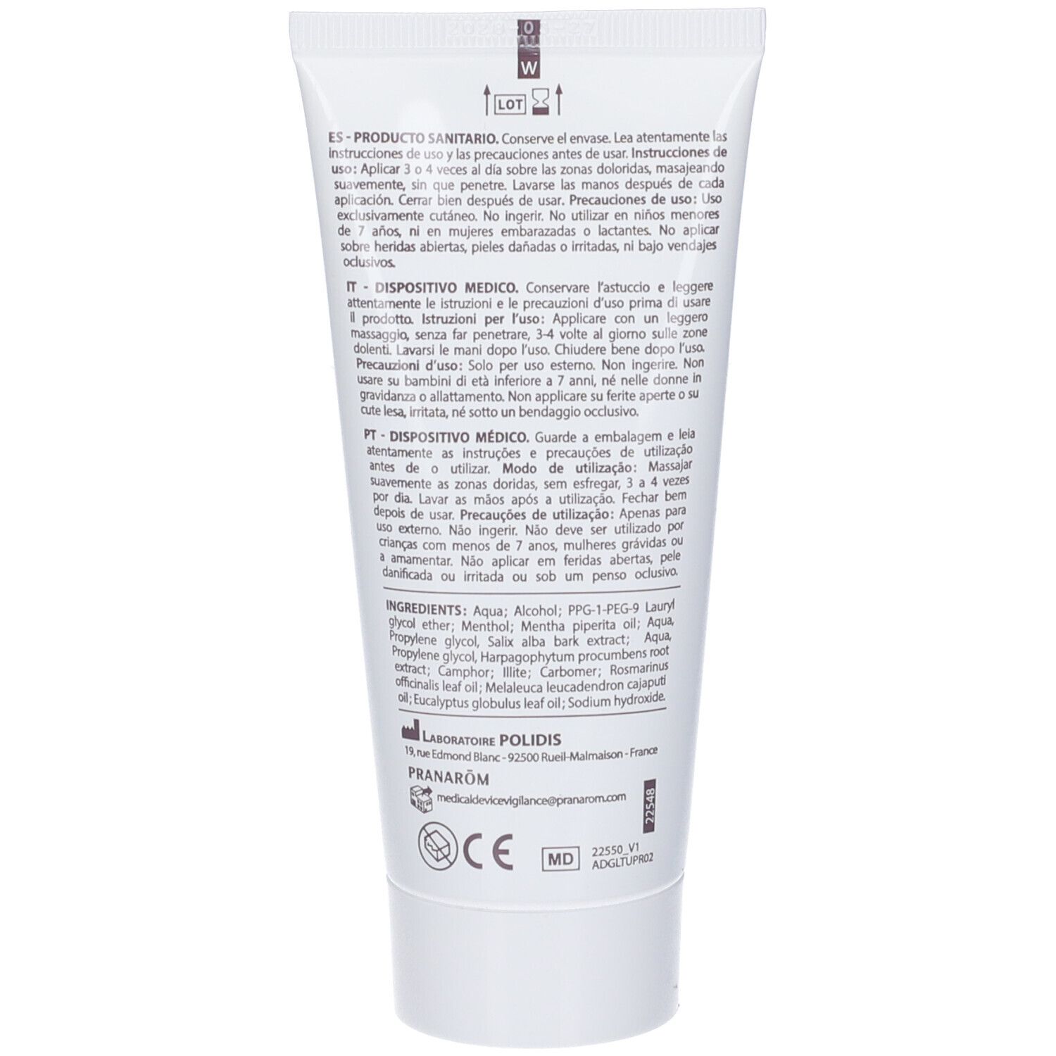 Retro del tubo Pranarom Aromalgic Gel Antidolor con istruzioni per l'uso.