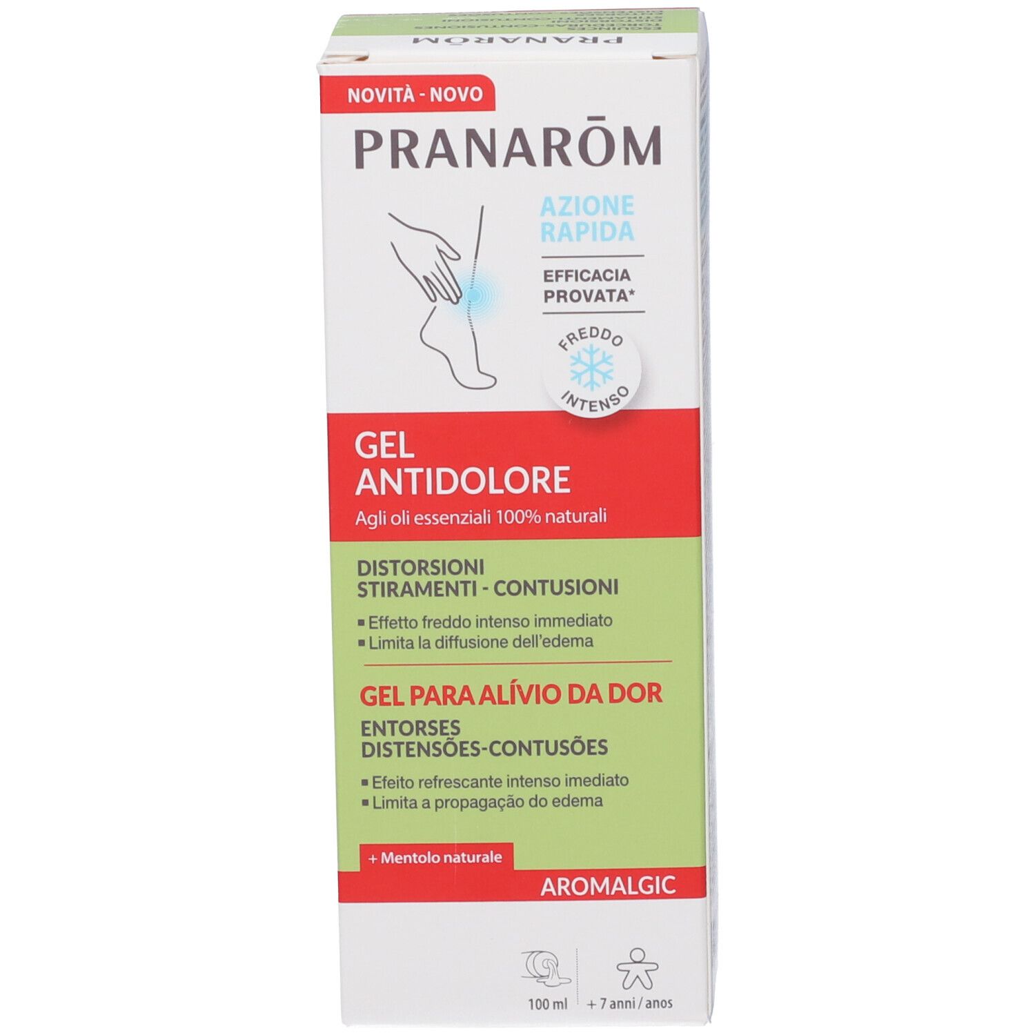 Fronte italiano della scatola Pranarom Aromalgic Gel Antidolor.