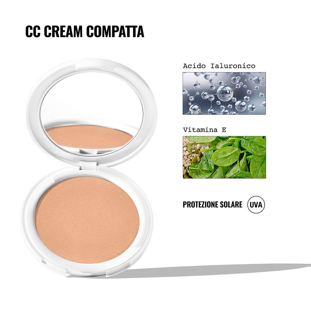 Crema CC compatta con specchio. Ingredienti: Acido Ialuronico, Vitamina E. Marchio Face D.