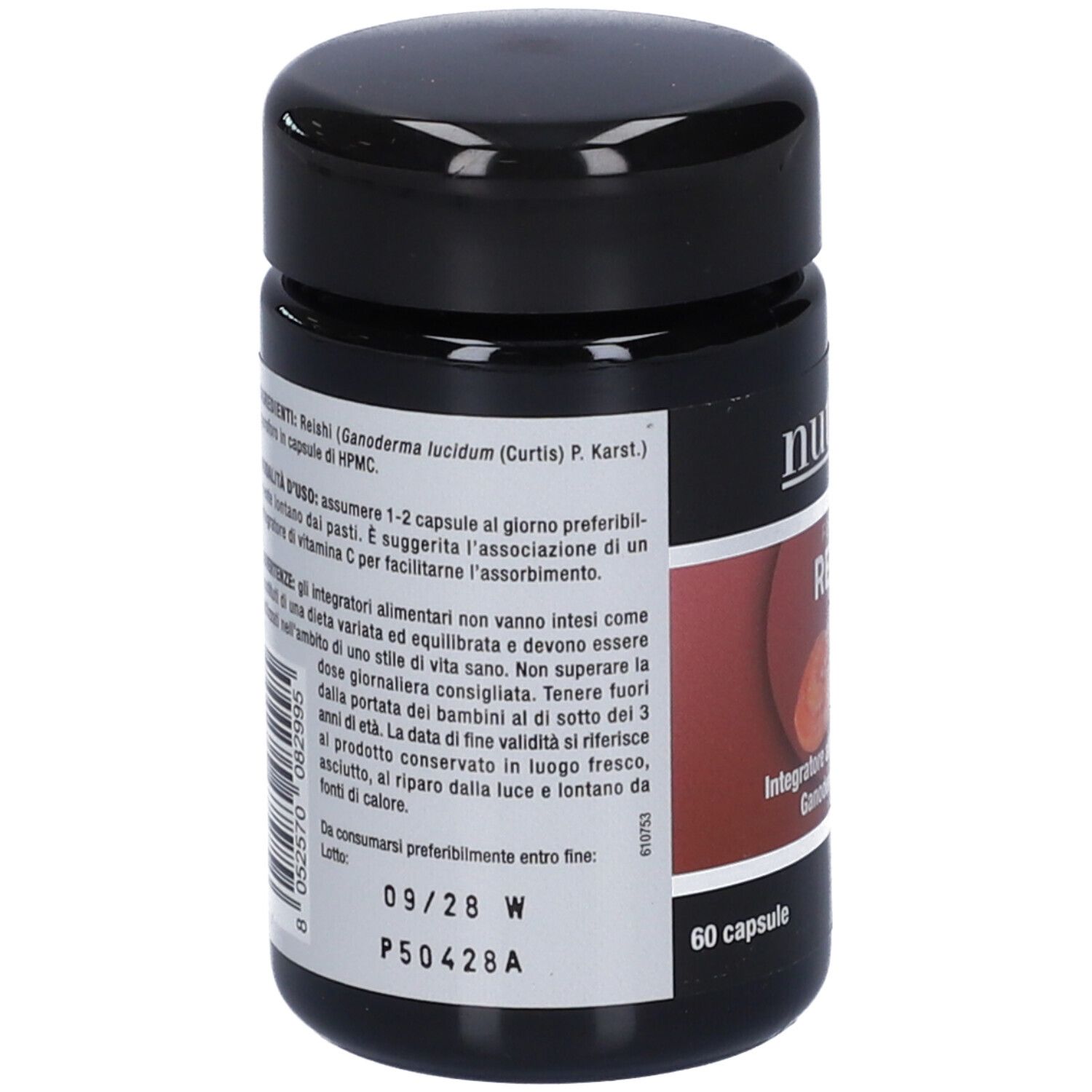 Flacone nero con etichetta. Testo: ingredienti, istruzioni per l'uso, avvertenze. Scadenza: 09/28 W.