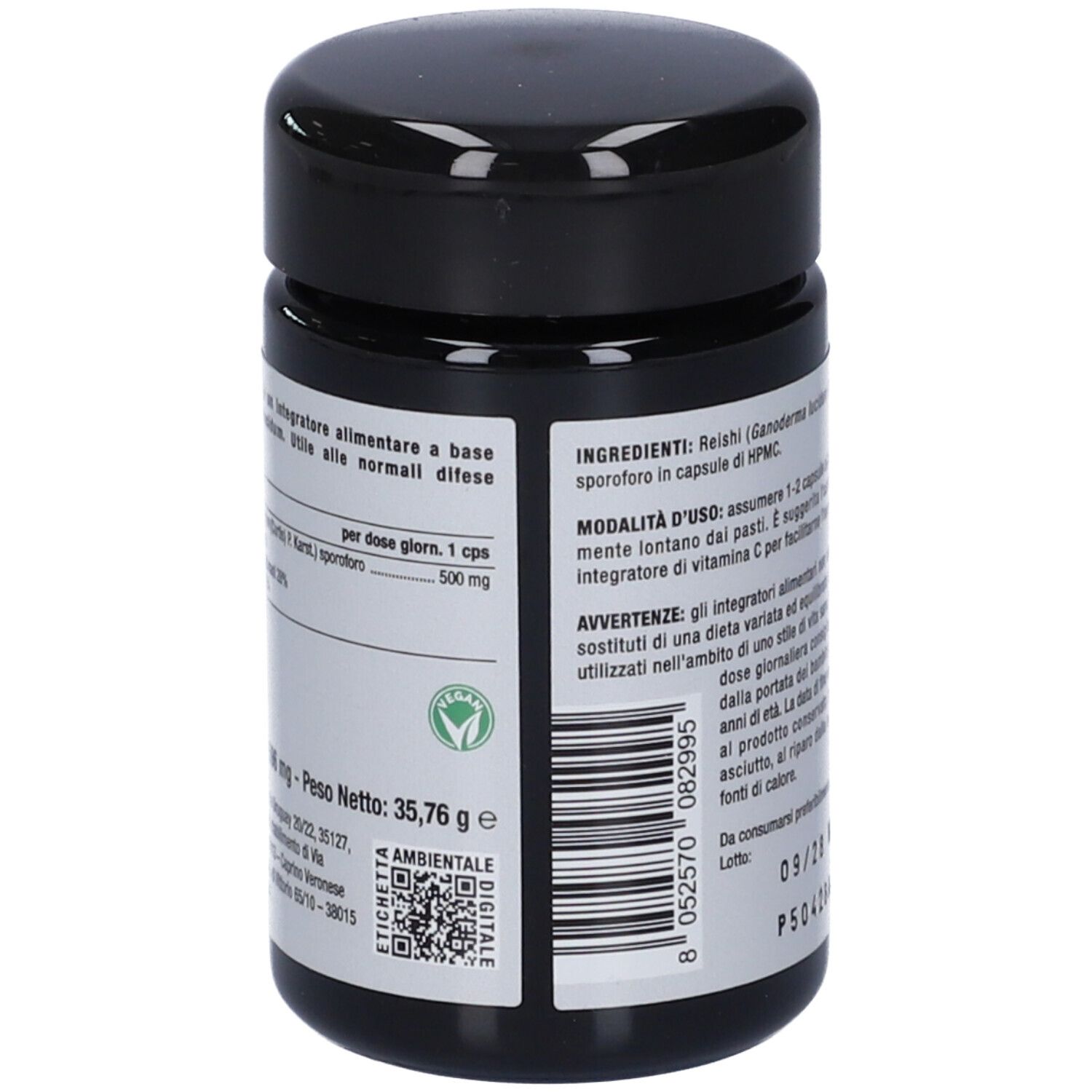 Flacone nero con etichetta. Testo: ingredienti, dosaggio, peso netto 35,76 g. Con marchio ambientale.