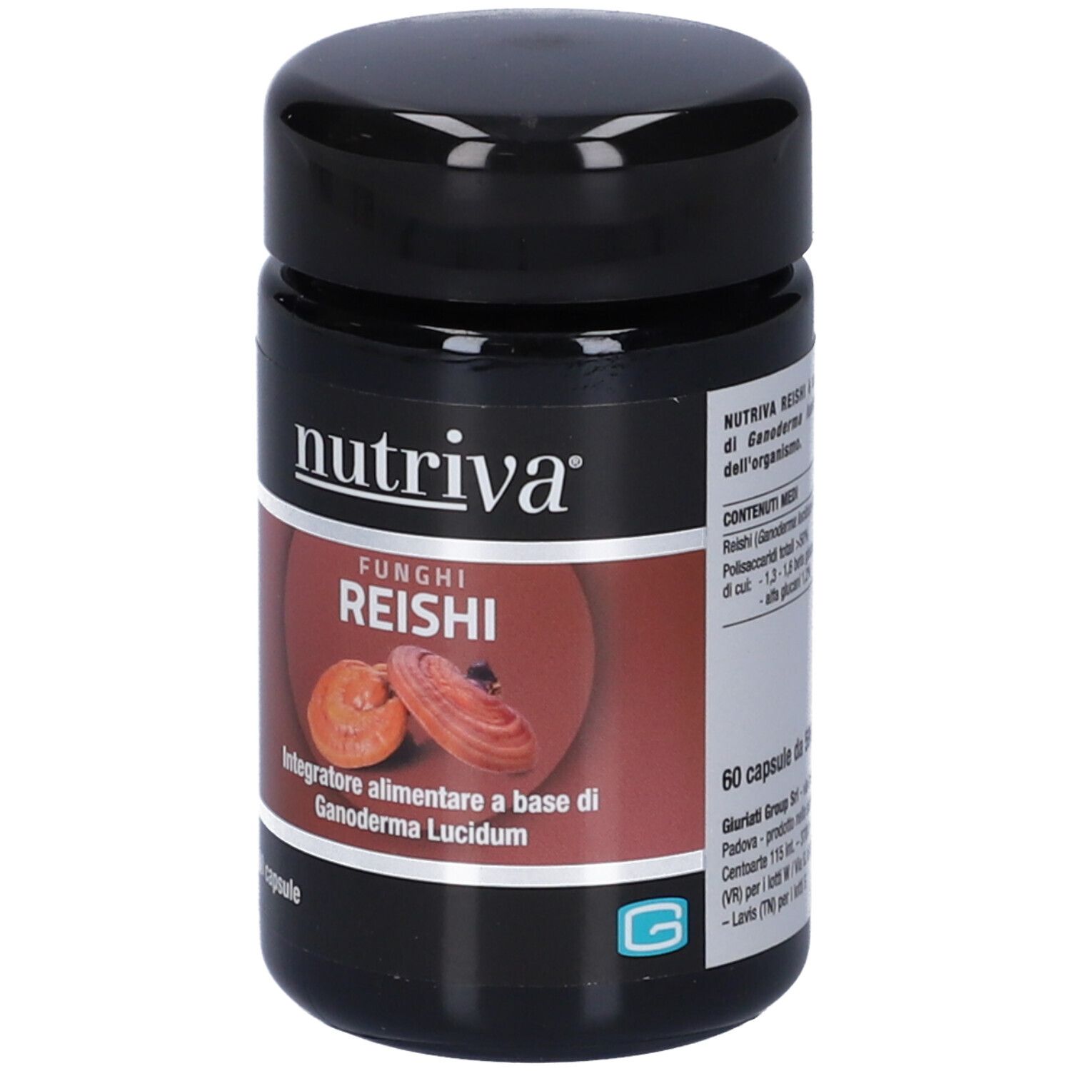 Flacone nero con logo "nutriva" e scritta "Reishi". Contiene 60 capsule. Immagine di funghi Reishi.