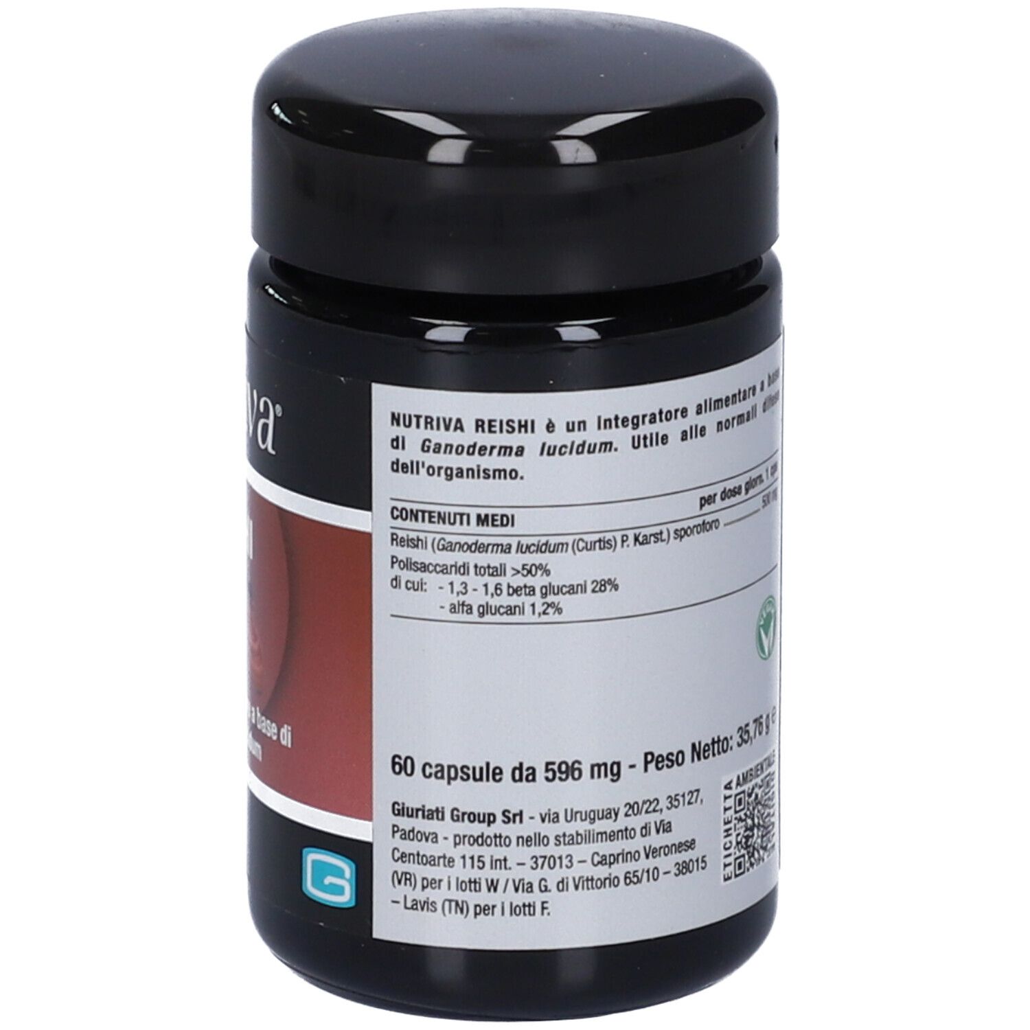 Flacone nero con etichetta. Testo: ingredienti, dosaggio, peso netto 35,76 g. Con marchio ambientale.