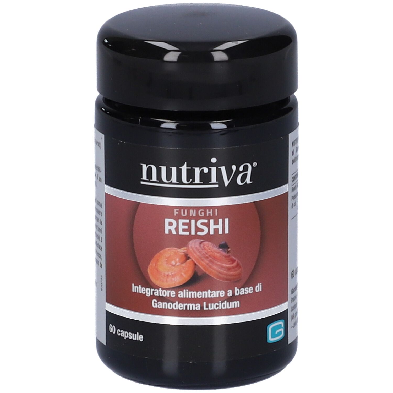 Flacone nero con logo "nutriva" e scritta "Reishi". Contiene 60 capsule. Immagine di funghi Reishi.