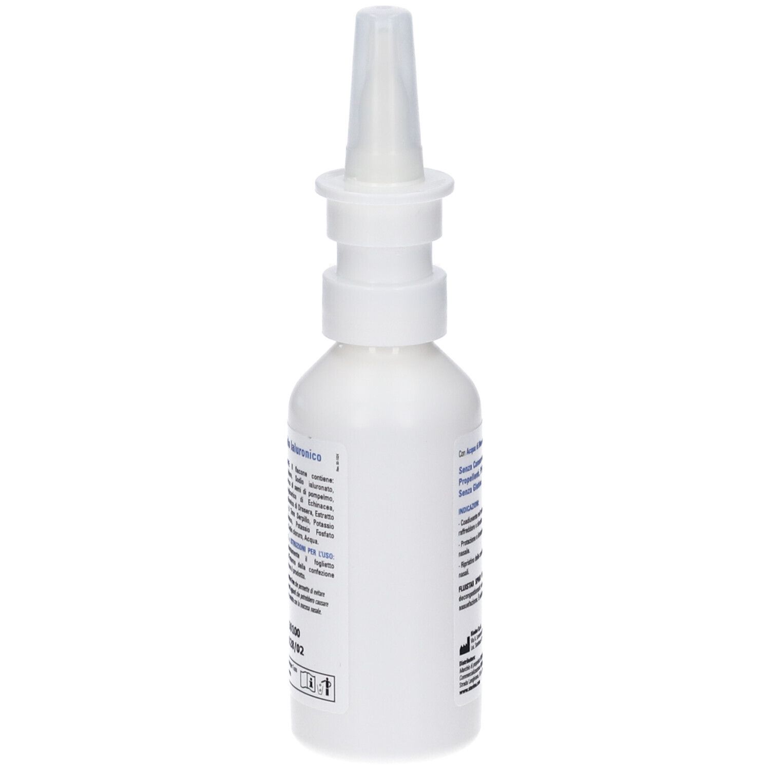 Vista laterale del flacone spray nasale bianco. Testo: ingredienti, informazioni produttore, numero di lotto, marchio CE.