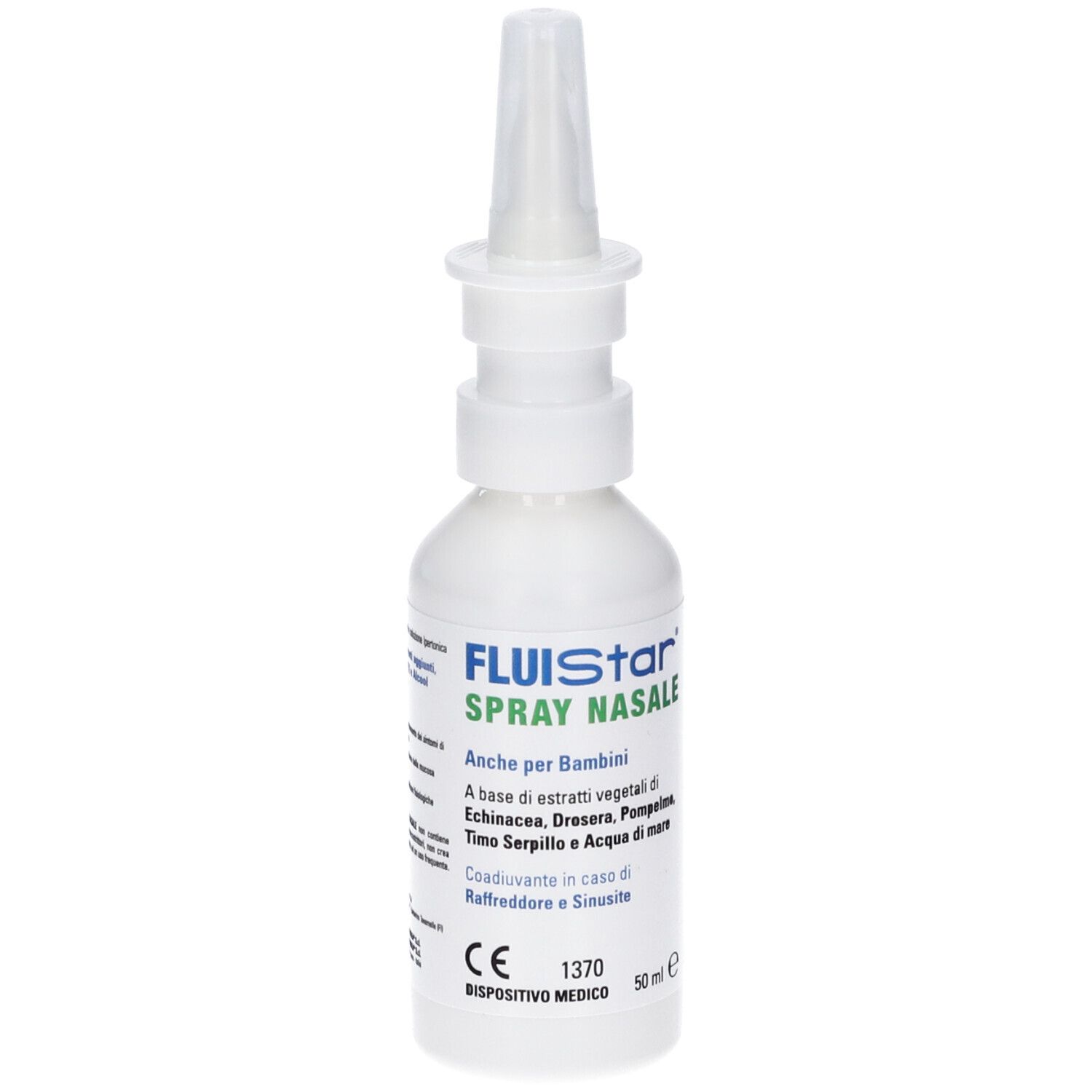 Flacone bianco con applicatore spray nasale. Scritta: Fluistar Spray Nasale. Per bambini. Contiene estratti vegetali.
