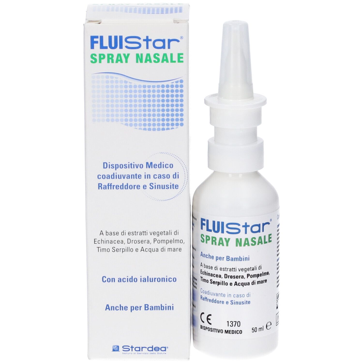 Confezione e flacone. Scritta: Fluistar Spray Nasale. Con acido ialuronico. Per bambini. Dispositivo medico.