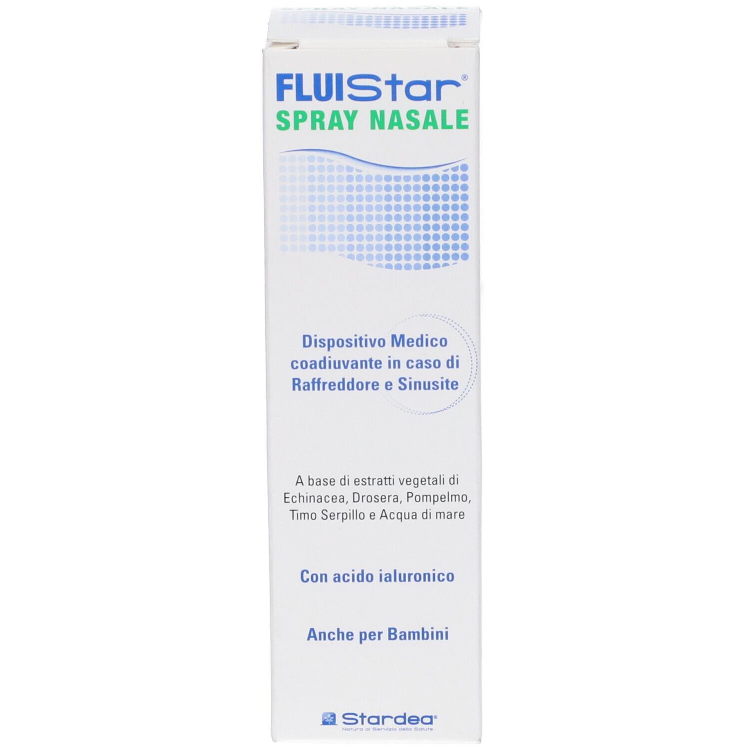 Confezione del prodotto. Scritta: Fluistar Spray Nasale. Dispositivo medico. Con acido ialuronico. Per bambini. Logo Stardea.