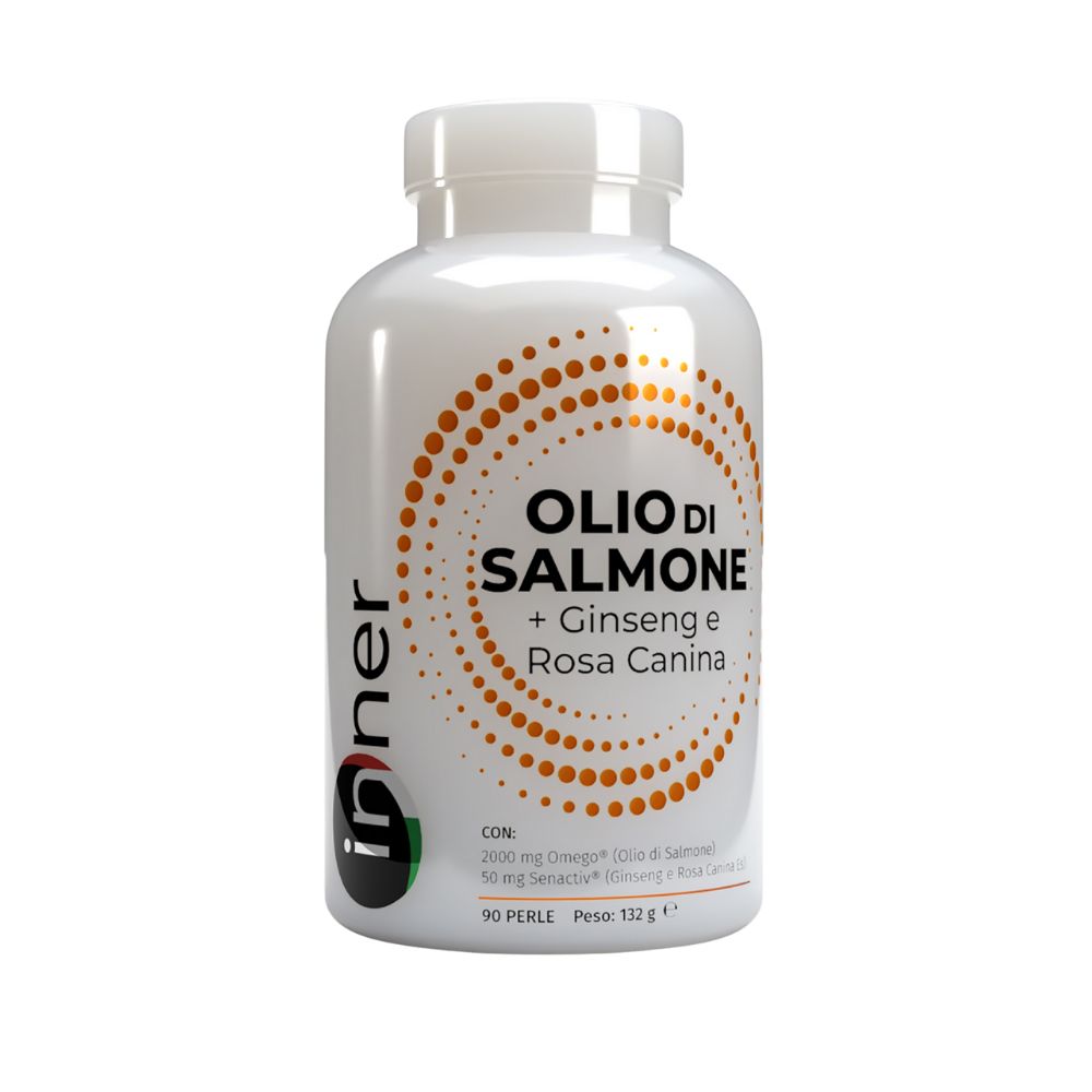 Flacone bianco di capsule. Scritta: Olio di Salmone + Ginseng e Rosa Canina. Marchio: Inner. 90 perle.