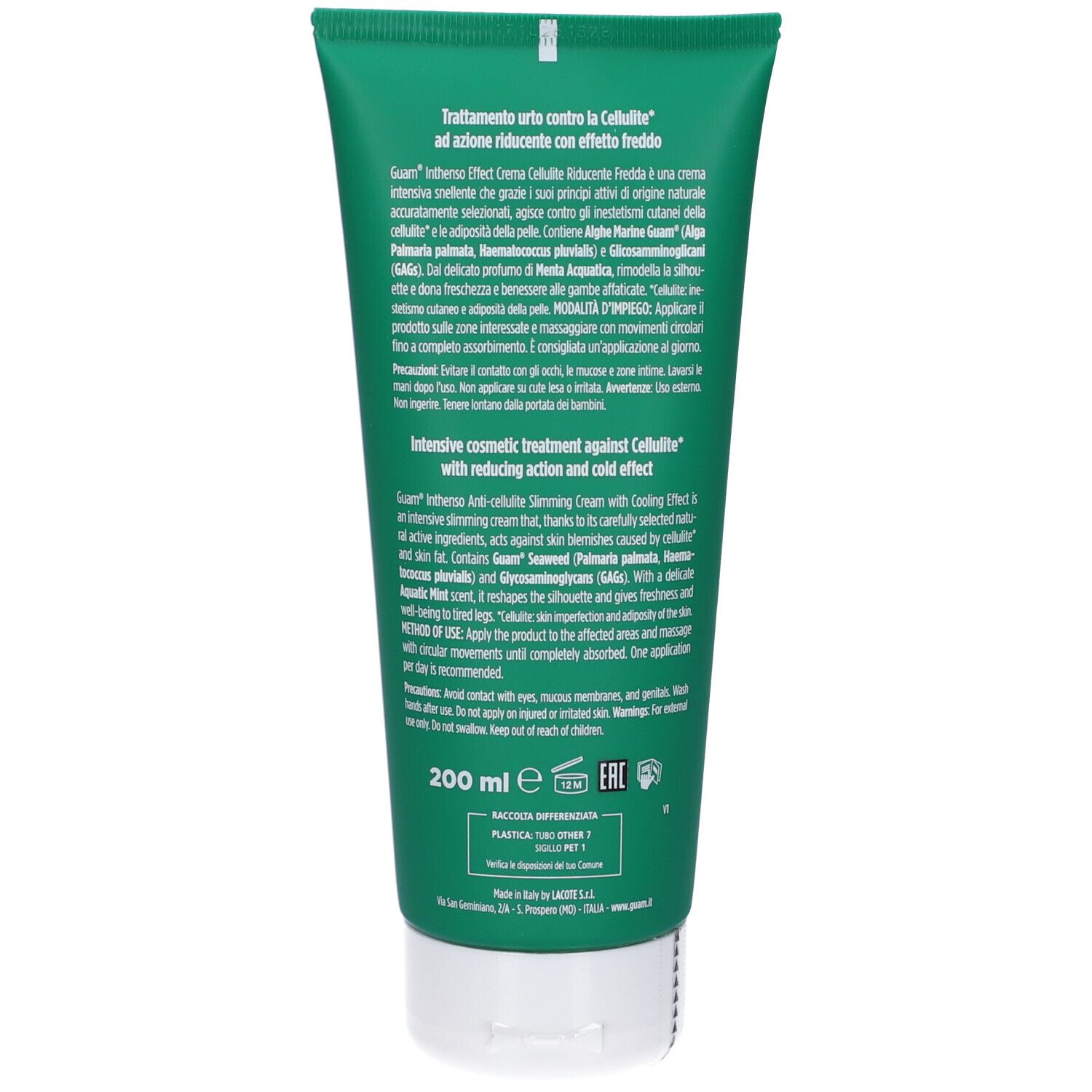 Retro del tubo verde. Testo: Guam Inthenso Crema Cellulite Riducente Fredda. Informazioni sul prodotto e ingredienti.