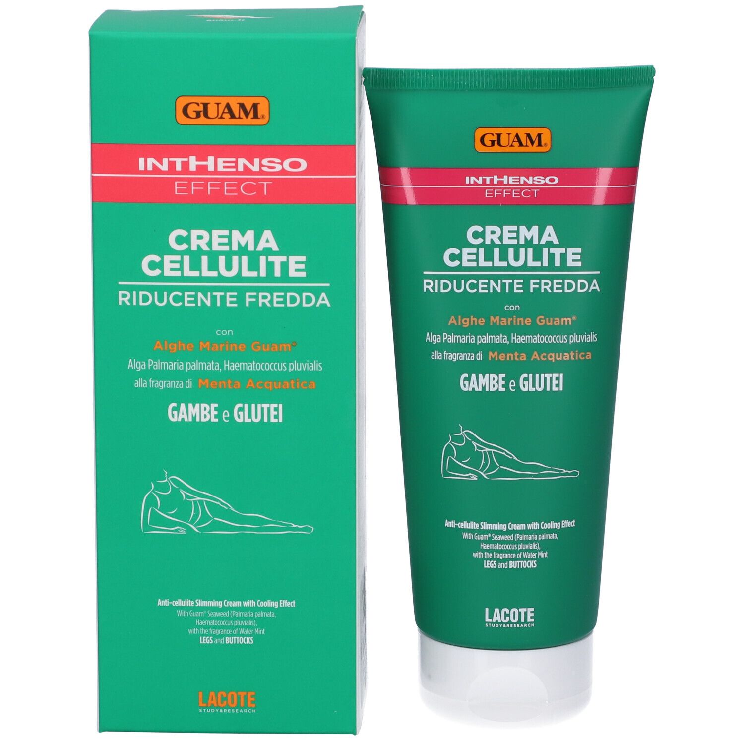 Confezione del prodotto: tubo e scatola. Testo: Guam Inthenso Crema Cellulite Riducente Fredda. Illustrazione di persona sdraiata.