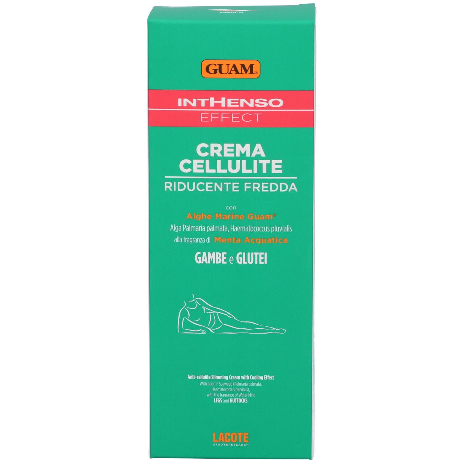 Scatola verde. Testo: Guam Inthenso Crema Cellulite Riducente Fredda. Illustrazione di persona sdraiata. Logo.