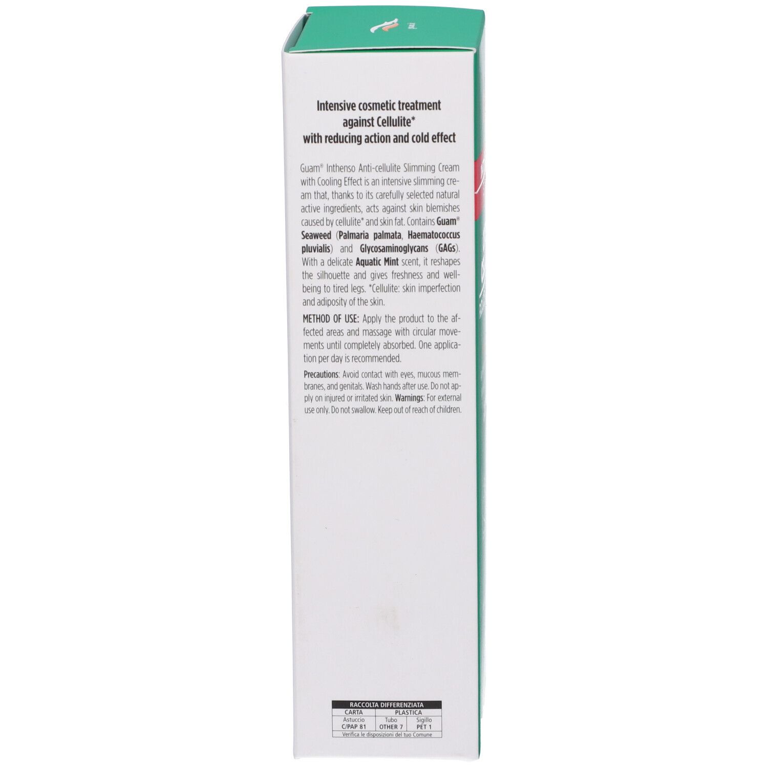 Lato della scatola verde. Testo: Guam Inthenso Crema Cellulite Riducente Fredda. Informazioni sul prodotto e utilizzo.