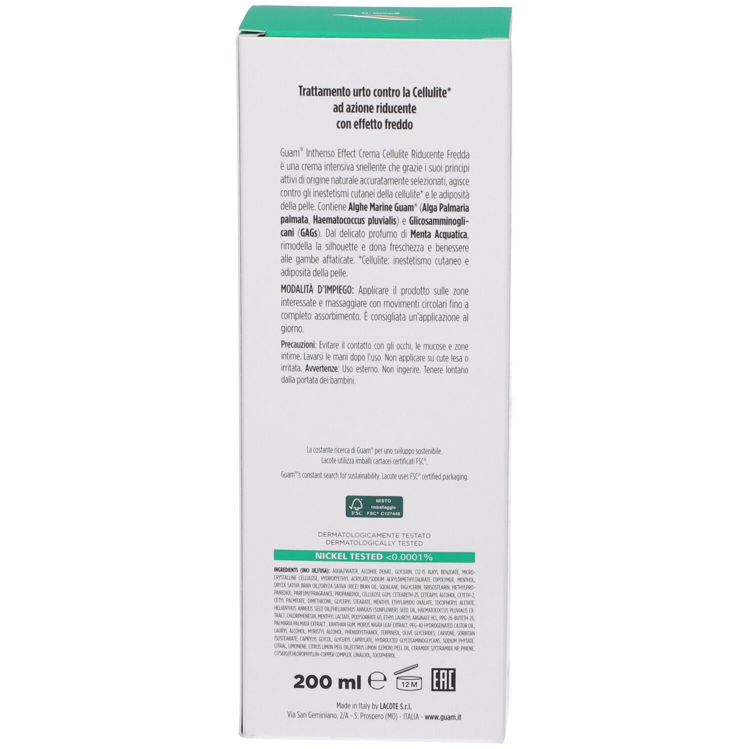 Retro della scatola verde. Testo: Guam Inthenso Crema Cellulite Riducente Fredda. Informazioni sul prodotto e ingredienti.