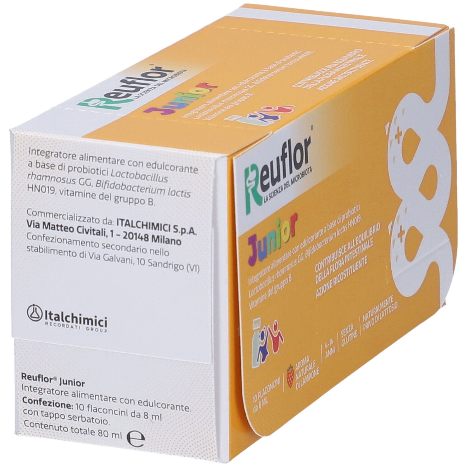 Scatola Reuflor Junior, in diagonale. Scritte in italiano. Indirizzo del produttore visibile.