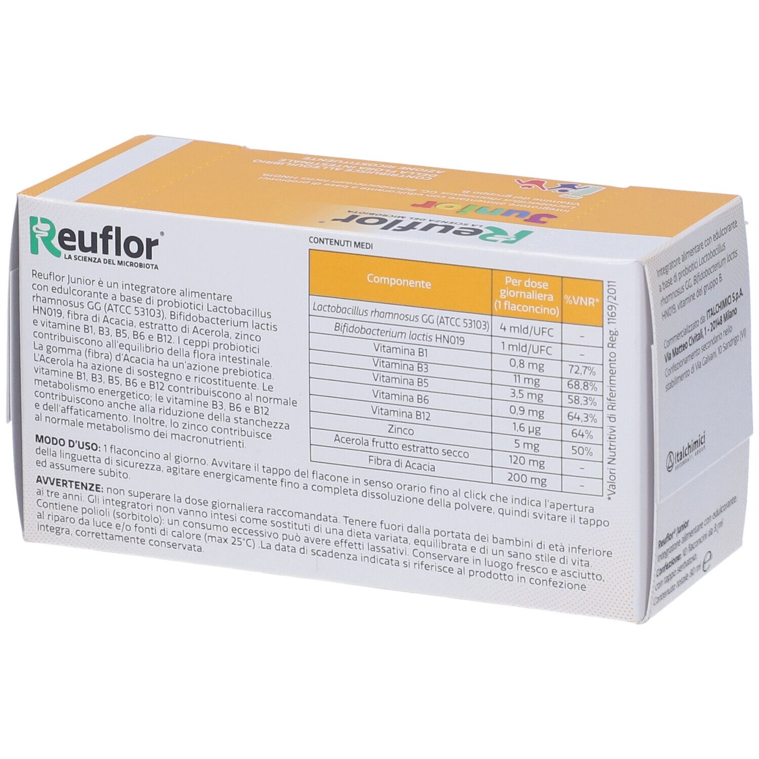Retro della scatola Reuflor Junior. Ingredienti e istruzioni in italiano.
