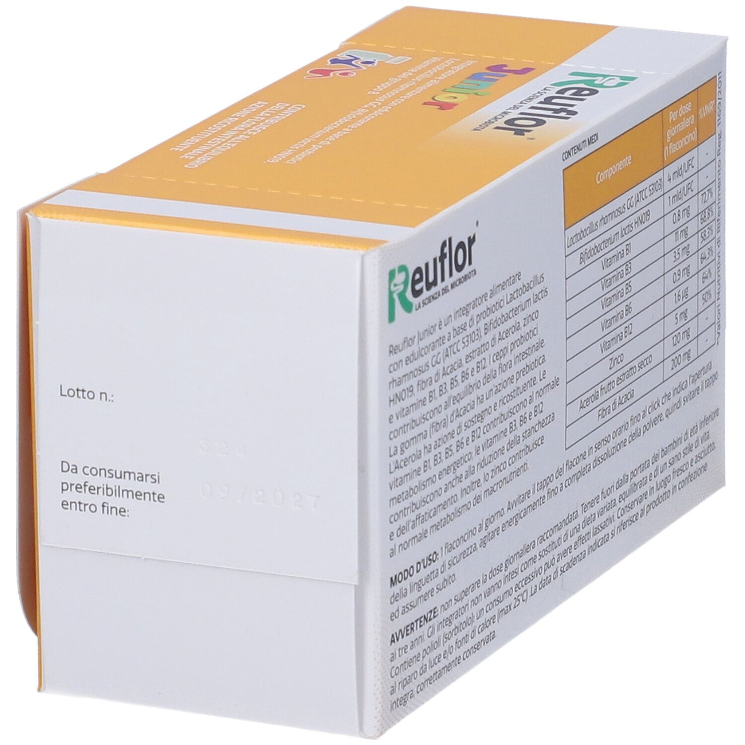 Scatola Reuflor Junior, in diagonale. Data di scadenza e numero di lotto visibili.