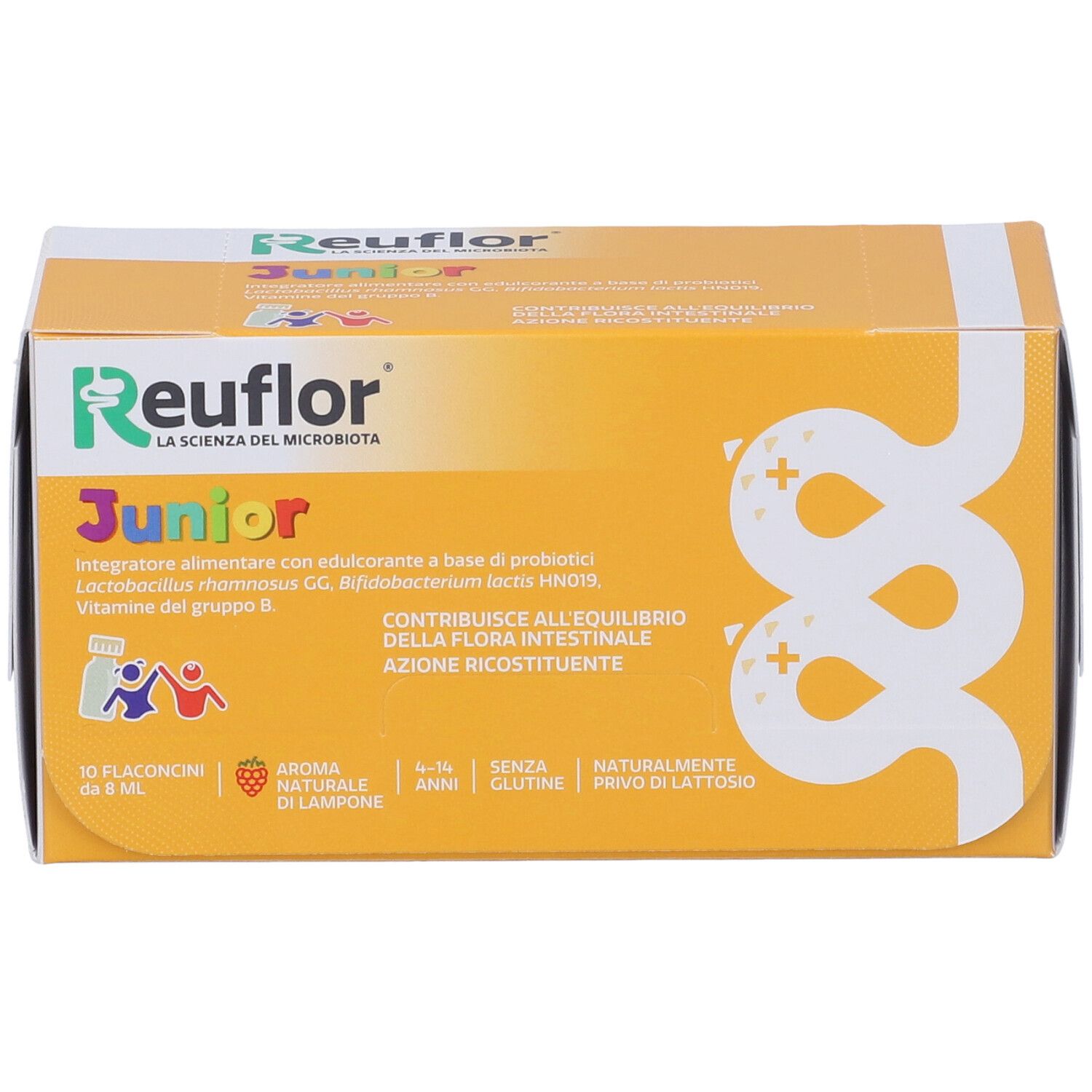 Scatola gialla Reuflor Junior. Contiene 10 flaconcini. Scritte in italiano.