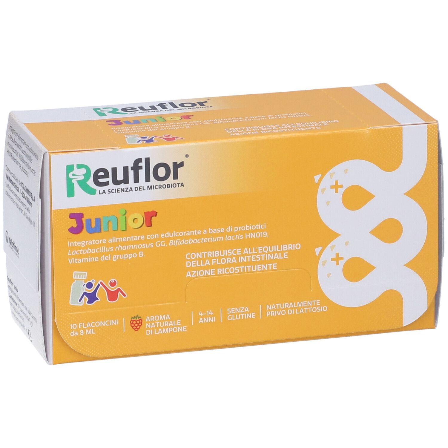 Scatola gialla Reuflor Junior. Contiene 10 flaconcini. Scritte in italiano.