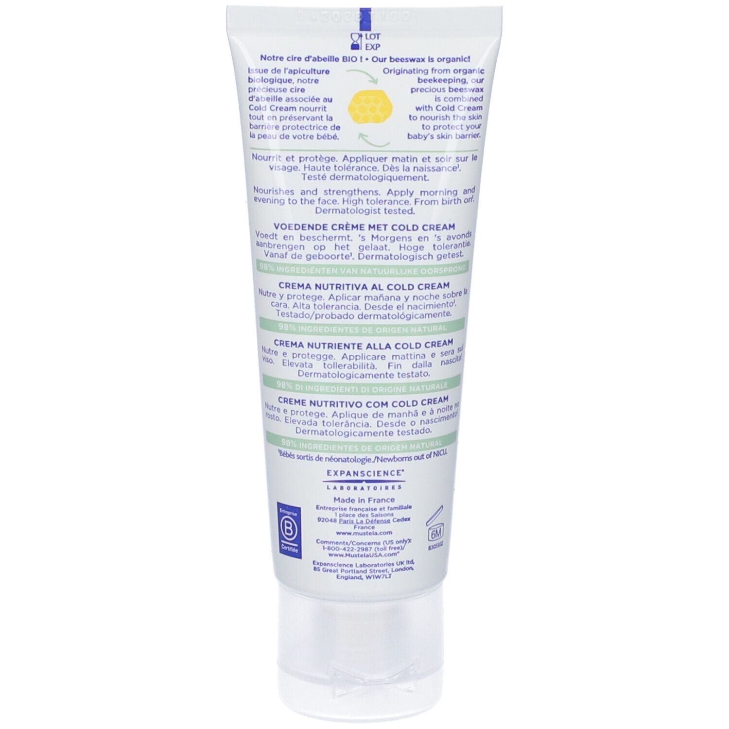 Retro del tubo di crema Mustela. Testo multilingue. Informazioni sugli ingredienti.