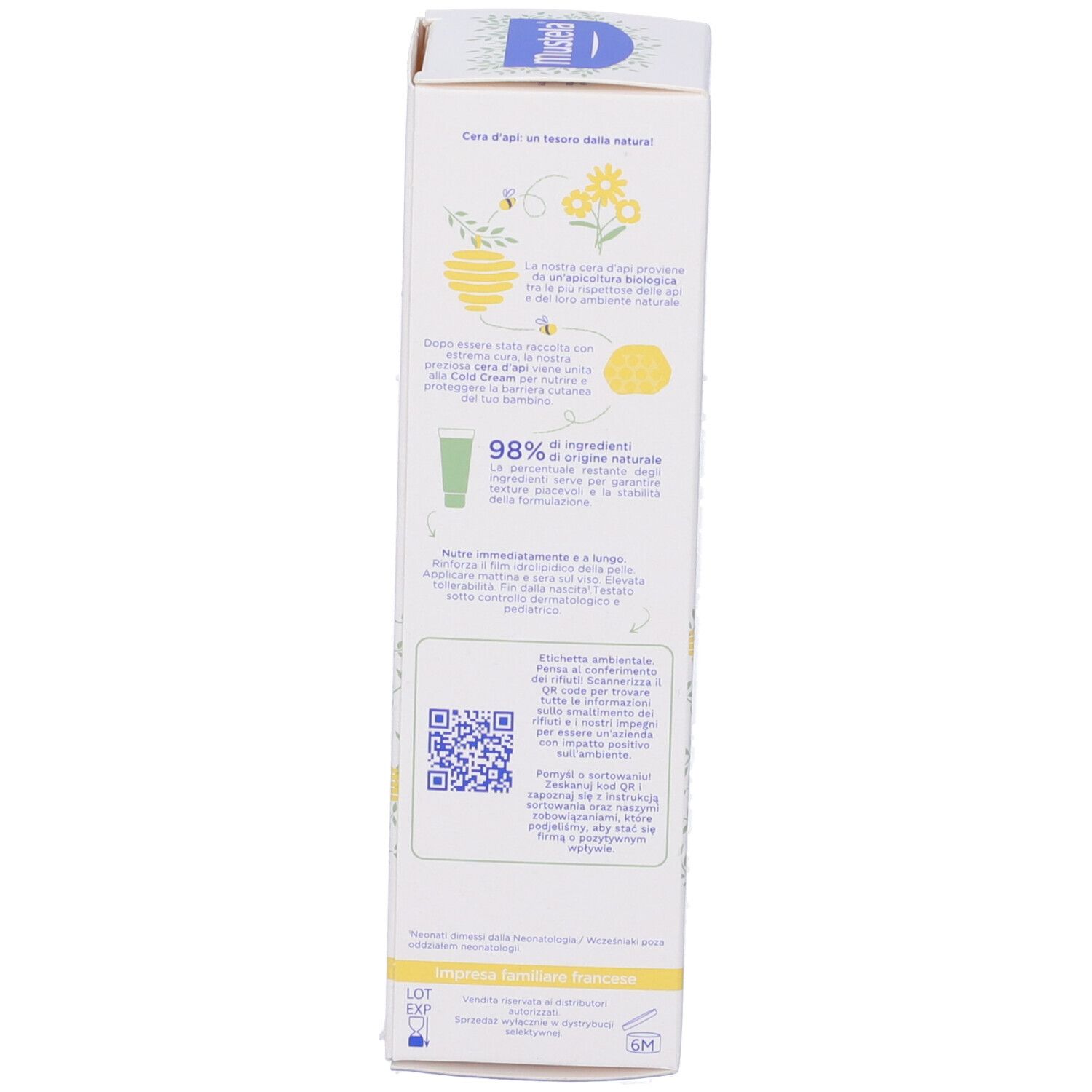 Vista laterale della confezione. Testo e loghi. Informazioni sugli ingredienti.