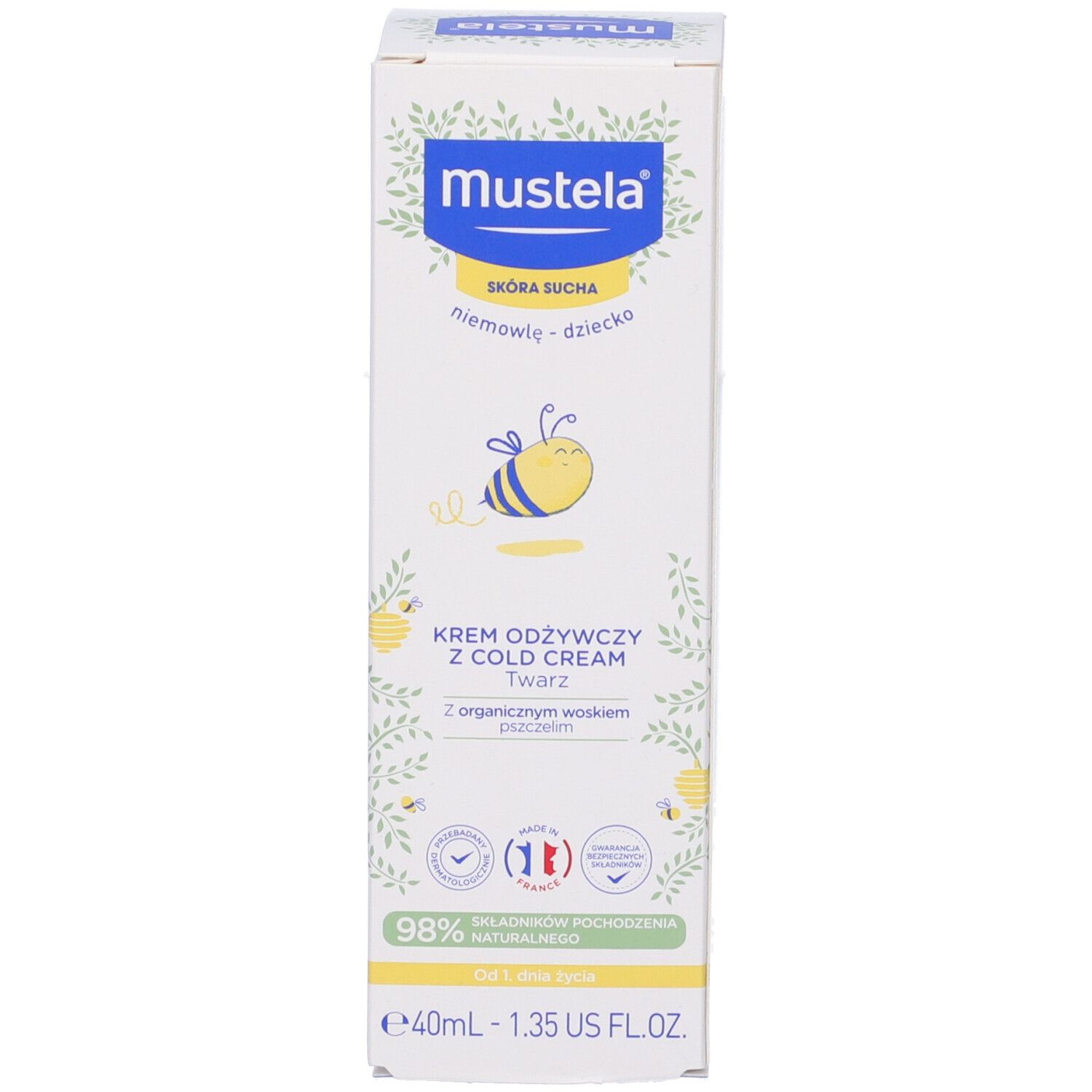 Confezione di crema Mustela. Scritta: Crème nourrissante au cold cream. 40ml.
