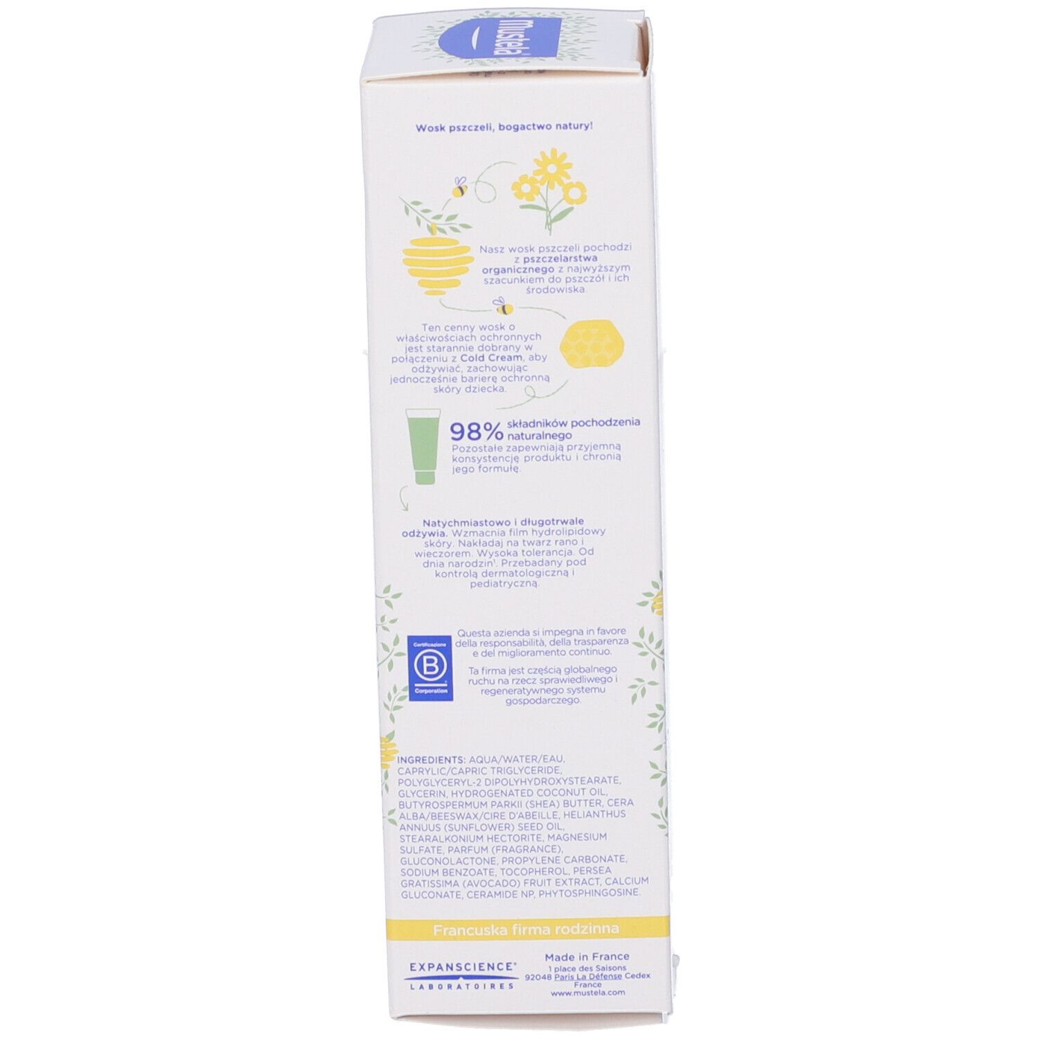 Vista laterale della confezione. Testo e loghi. Informazioni sugli ingredienti.