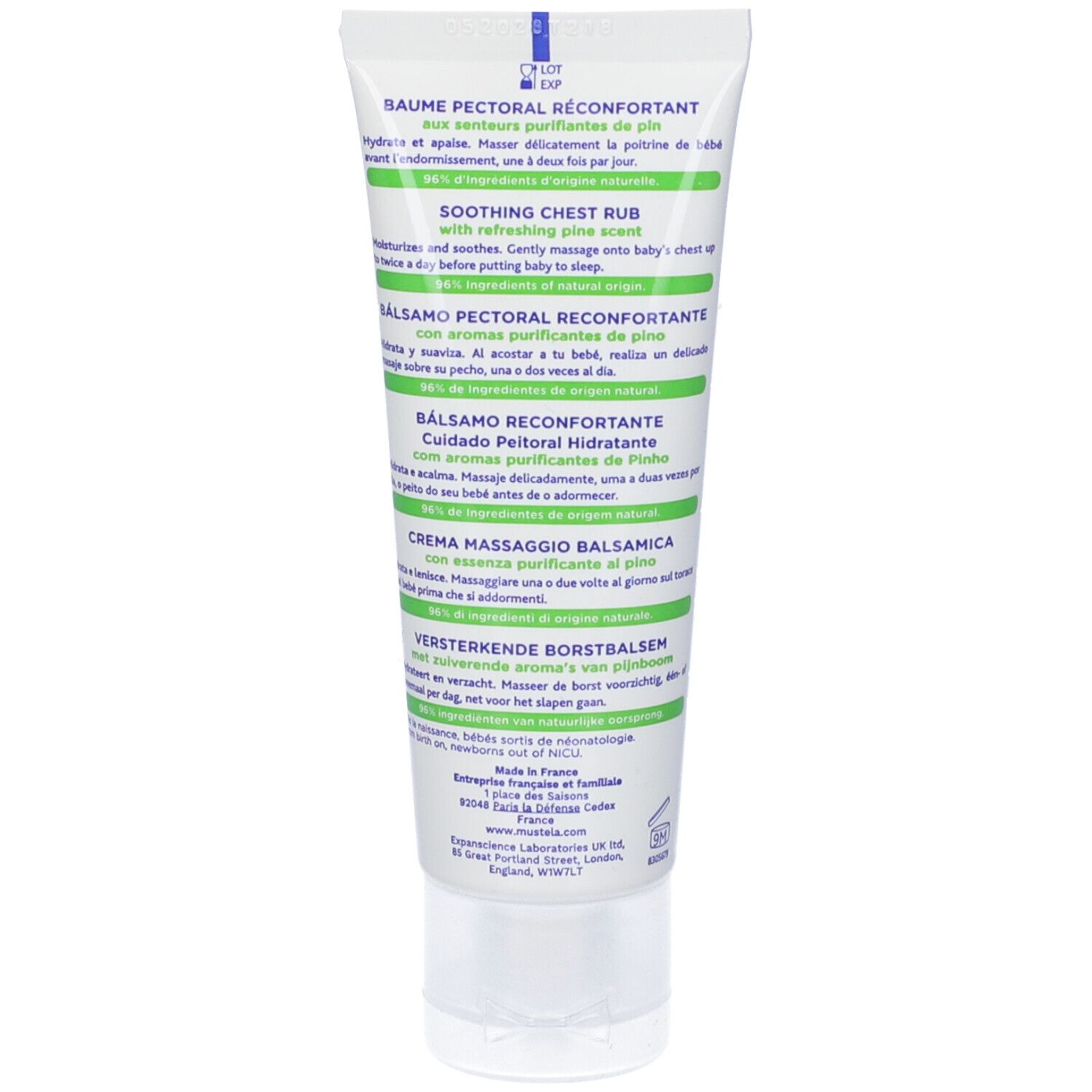 Retro del tubo. Testo multilingue. Informazioni sul prodotto e sull'uso.