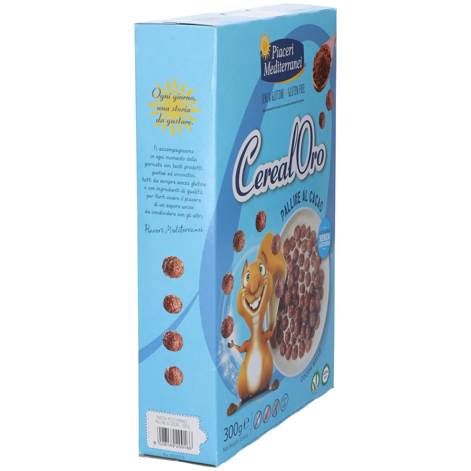 Vista laterale della confezione azzurra Cereal Oro Palline al Cacao, senza glutine, 300g.