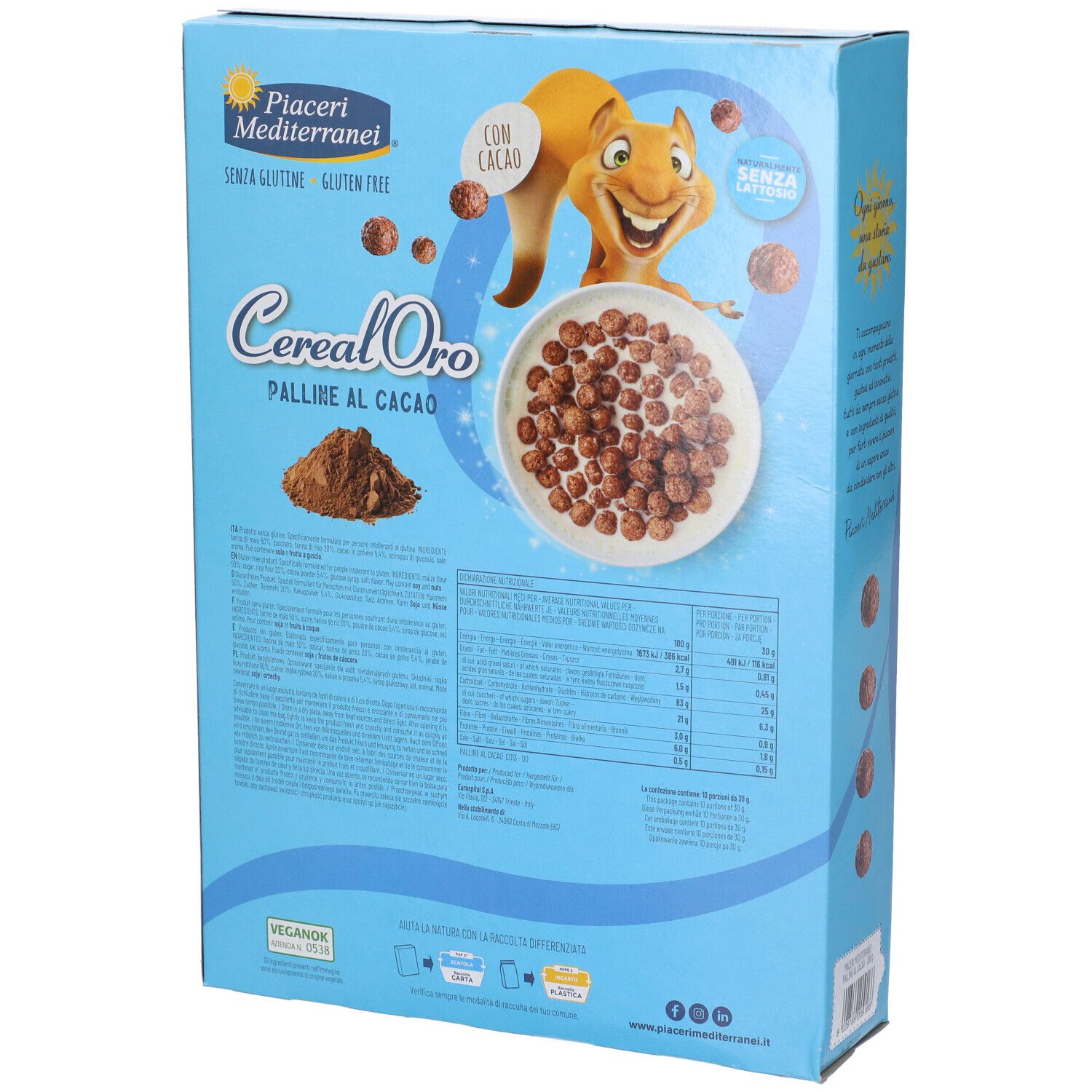 Retro della confezione azzurra Cereal Oro Palline al Cacao, senza glutine, 300g.