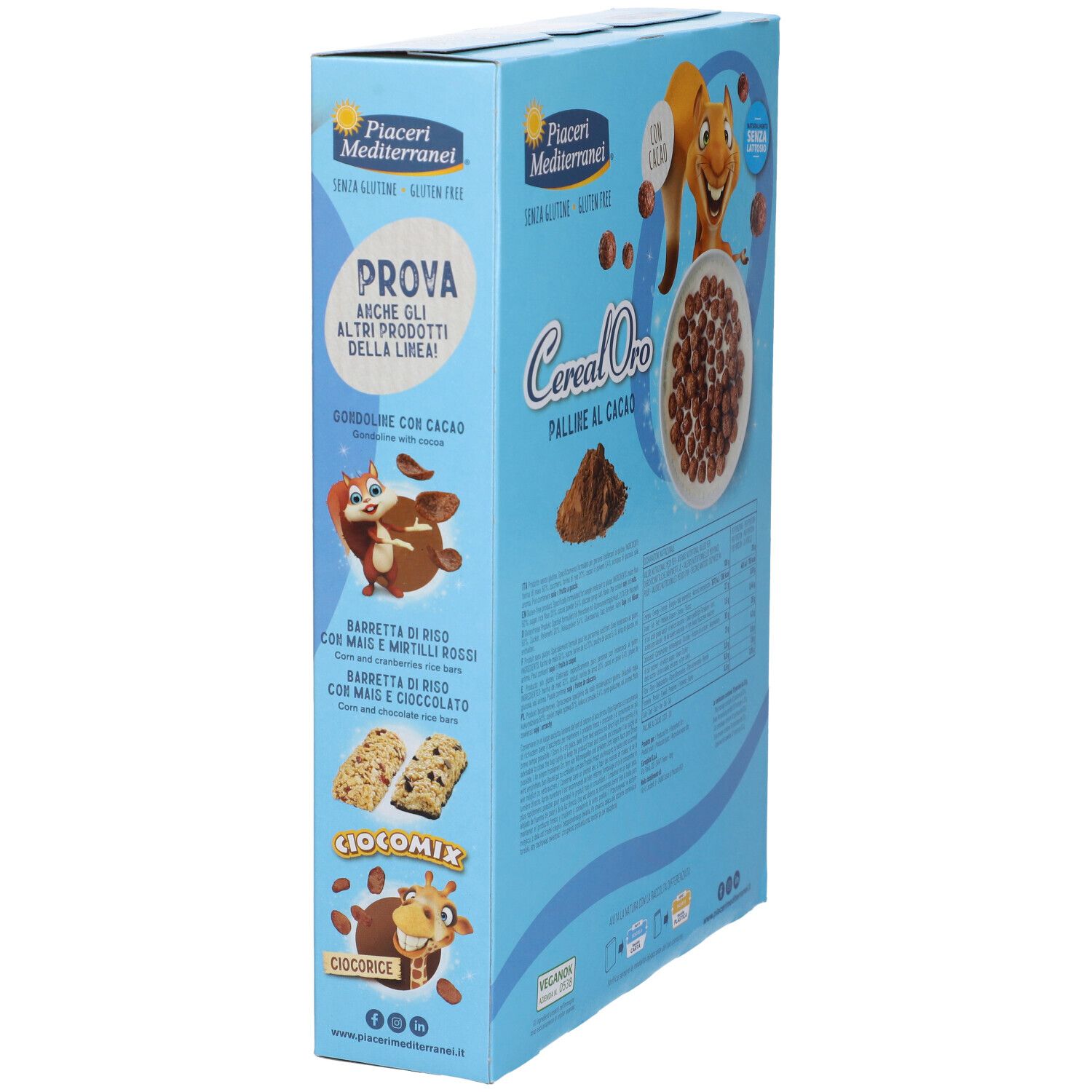 Vista laterale della confezione azzurra Cereal Oro Palline al Cacao, senza glutine, 300g.