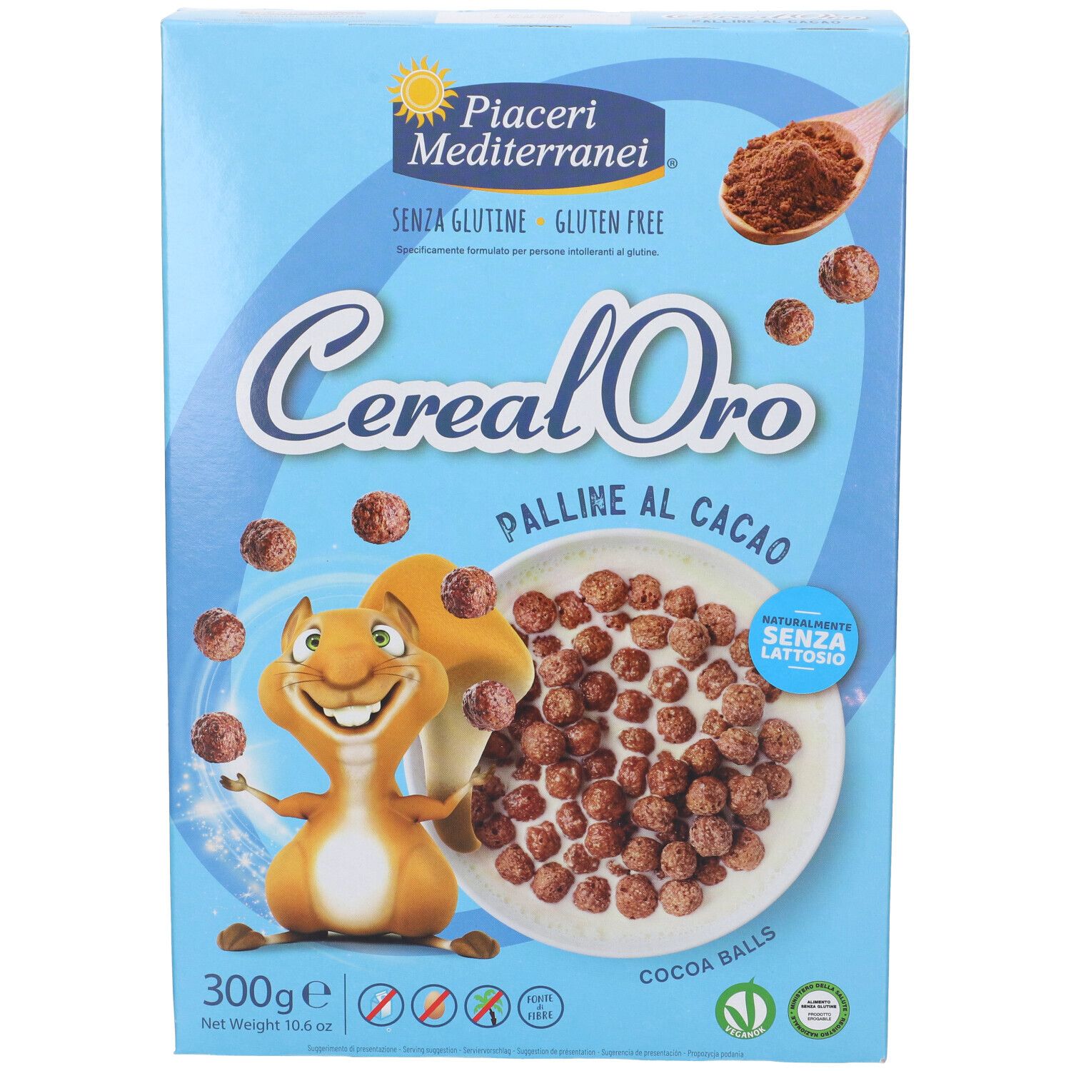 Fronte della confezione azzurra Cereal Oro Palline al Cacao, senza glutine, 300g.