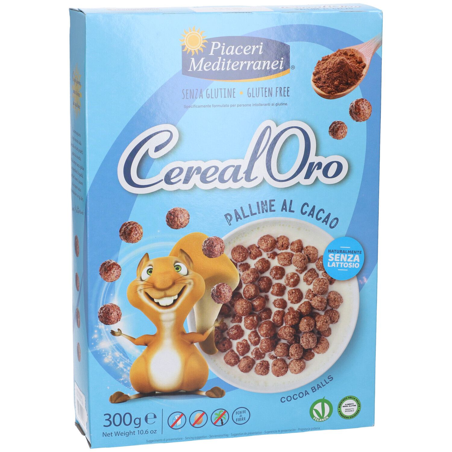 Fronte della confezione azzurra Cereal Oro Palline al Cacao, senza glutine, 300g.