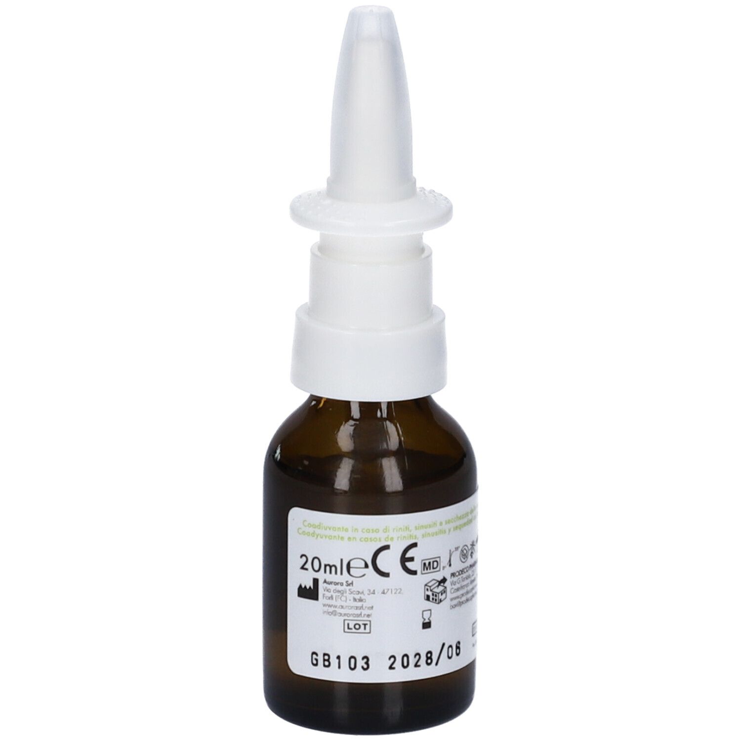 Flacone in vetro marrone con nebulizzatore bianco. Etichetta con testo. 20ml. Flacone in piedi.