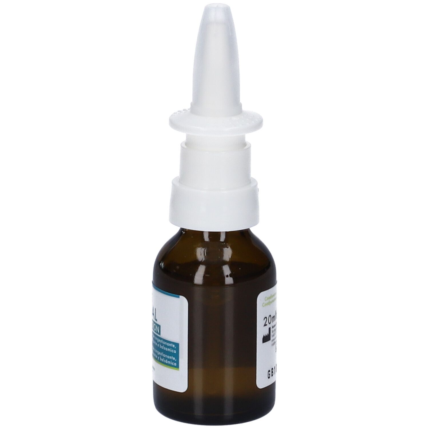 Flacone in vetro marrone con nebulizzatore bianco. Etichetta con testo. Flacone in piedi.