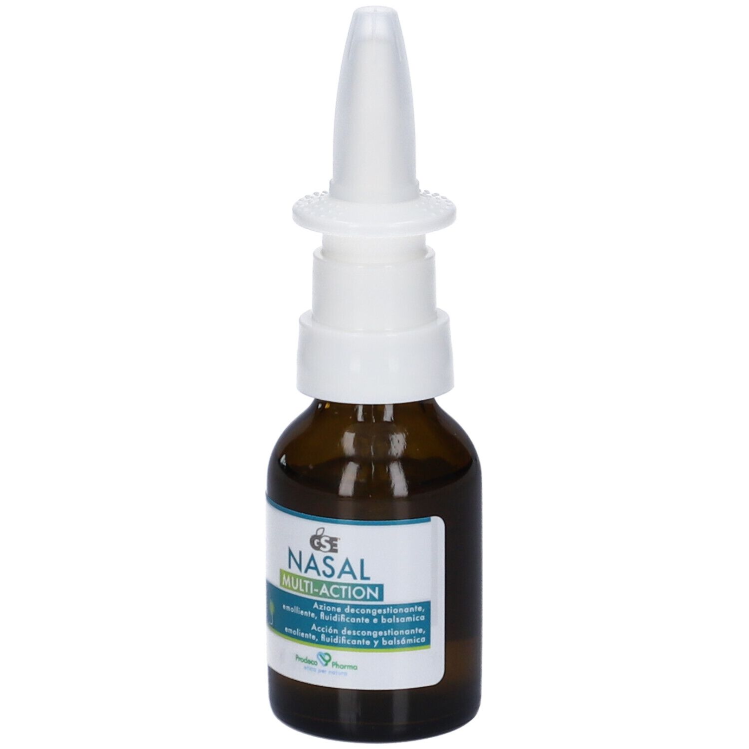 Flacone in vetro marrone con nebulizzatore bianco. Etichetta con logo GSE e nome prodotto NASAL MULTI-ACTION. Flacone in piedi.