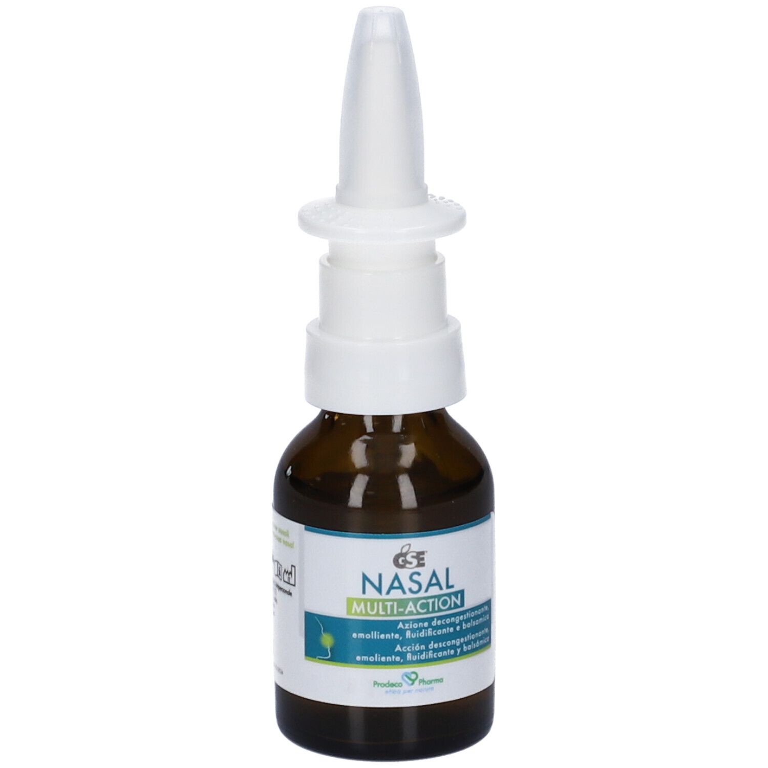 Flacone in vetro marrone con nebulizzatore bianco. Etichetta con logo GSE e nome prodotto NASAL MULTI-ACTION. Flacone in piedi.