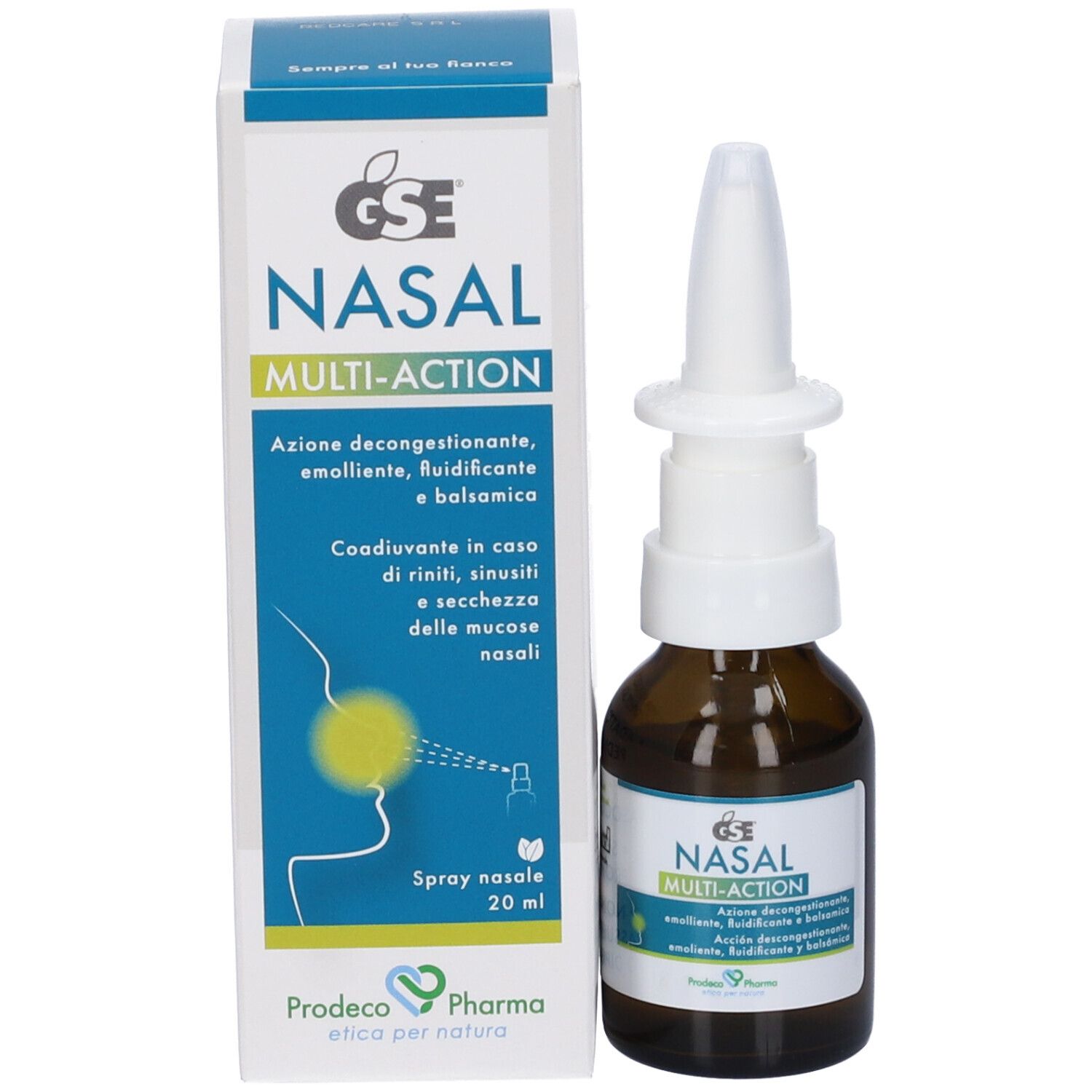 Confezione del prodotto con flacone e scatola. Scatola con logo GSE e nome prodotto NASAL MULTI-ACTION. Flacone in piedi.