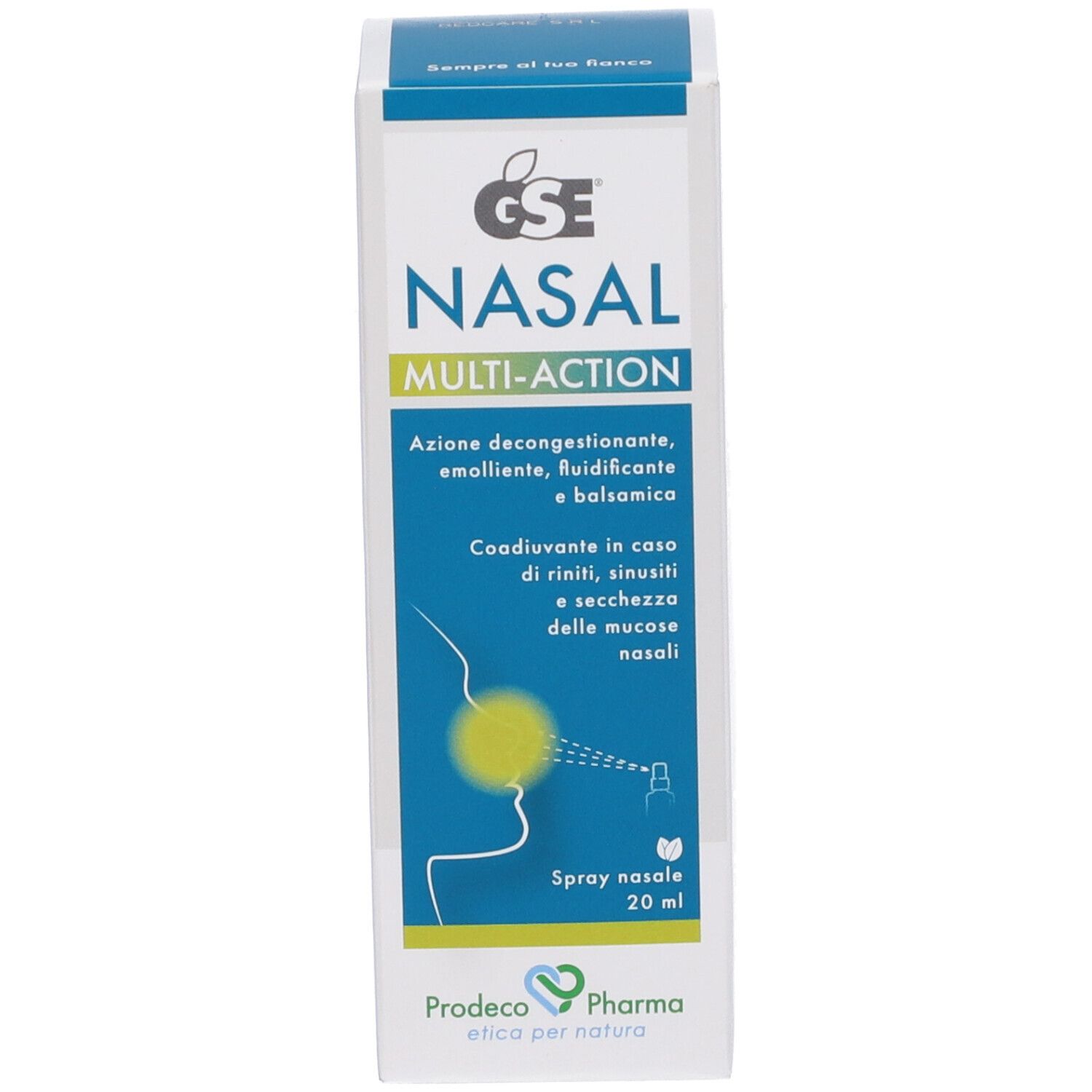 Confezione del prodotto. Scatola con logo GSE e nome prodotto NASAL MULTI-ACTION. Testo e illustrazioni.