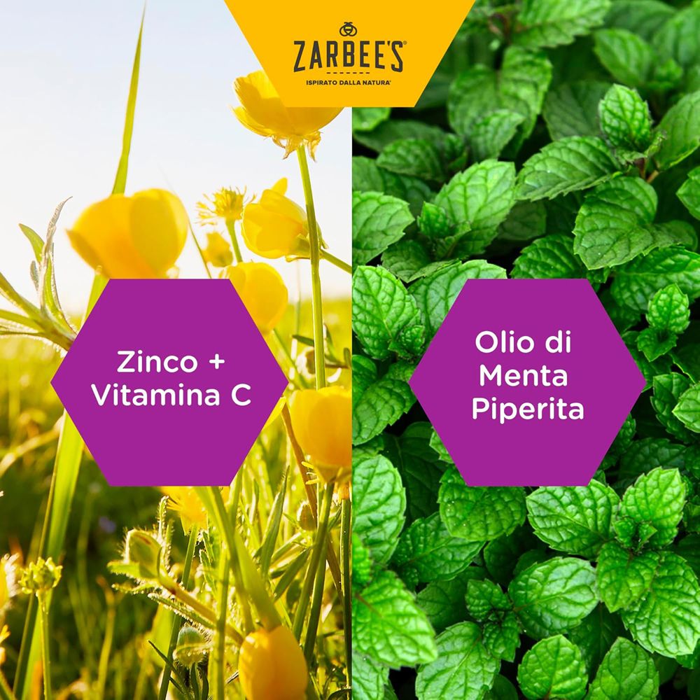 Due immagini: fiori gialli e menta. Testi: Zinco + Vitamina C, Olio di menta piperita.