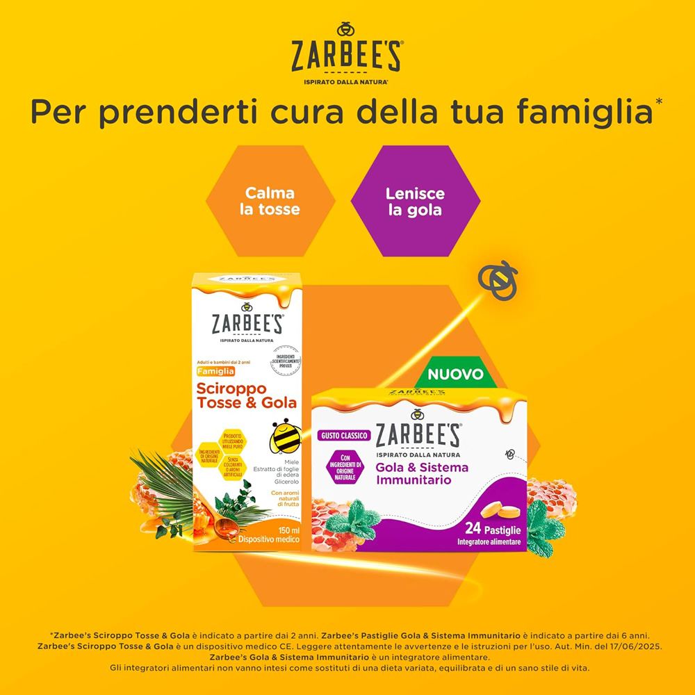 Due prodotti: sciroppo tosse e gola, pastiglie. Testi: Calma la tosse, lenisce la gola.