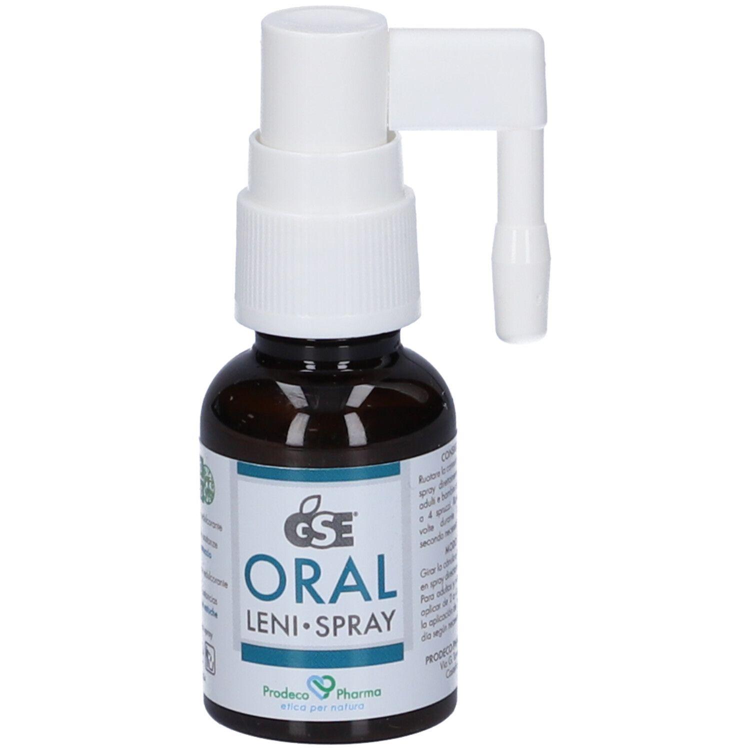 Flacone di vetro marrone con nebulizzatore bianco. Scritta: GSE Oral Leni-Spray. Etichetta con testo. Logo Prodeco Pharma.